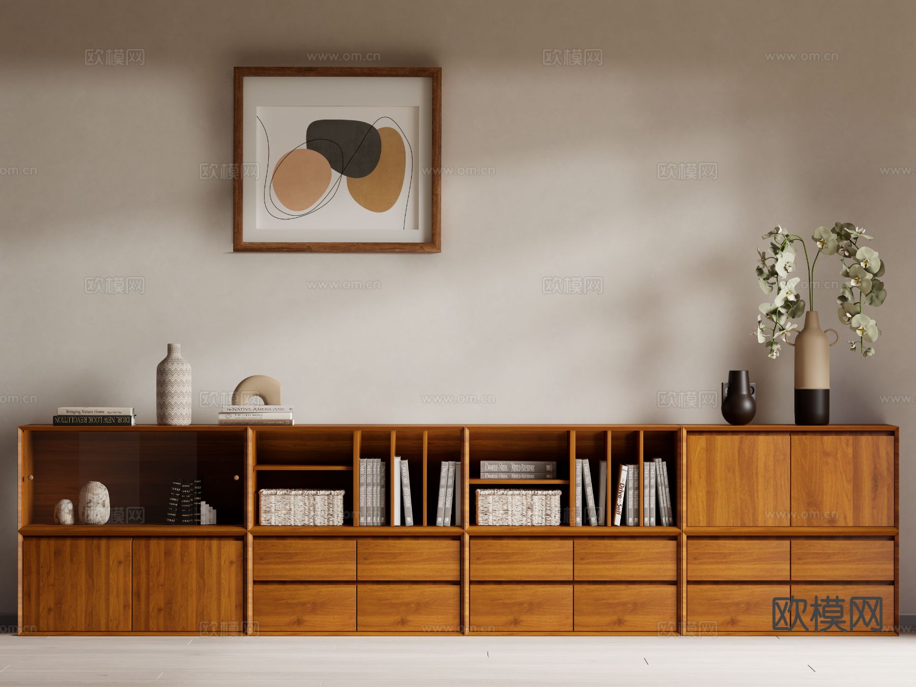 原木风矮书柜 落地柜su模型下载（渲染图2）