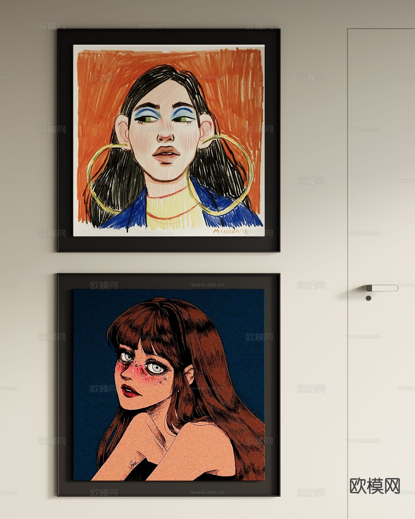 中古风装饰画 人像画 艺术画 挂画su模型