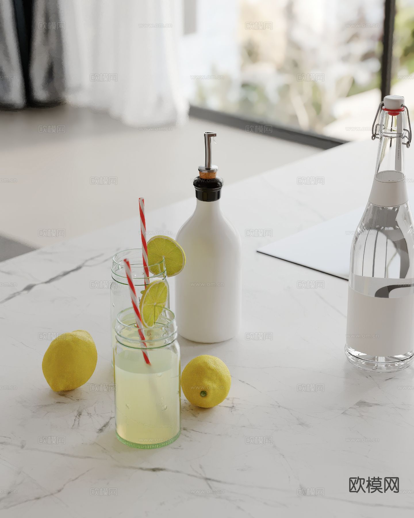 厨房摆件 酒瓶 杯子 柠檬su模型下载（渲染图2）