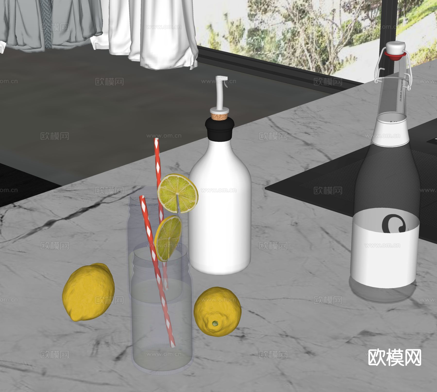 厨房摆件 酒瓶 杯子 柠檬su模型下载（渲染图1）