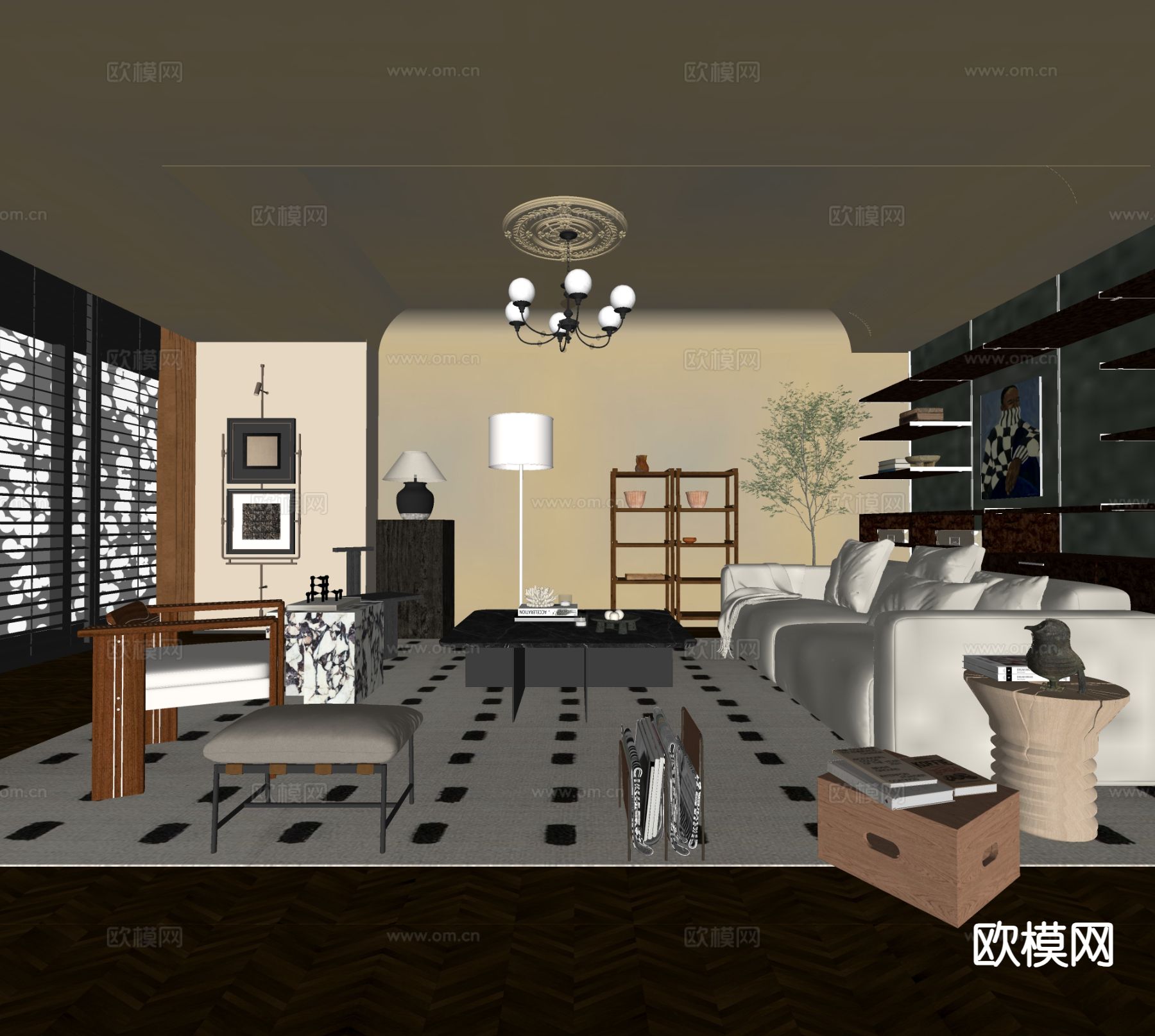 中古风客厅su模型下载（渲染图1）