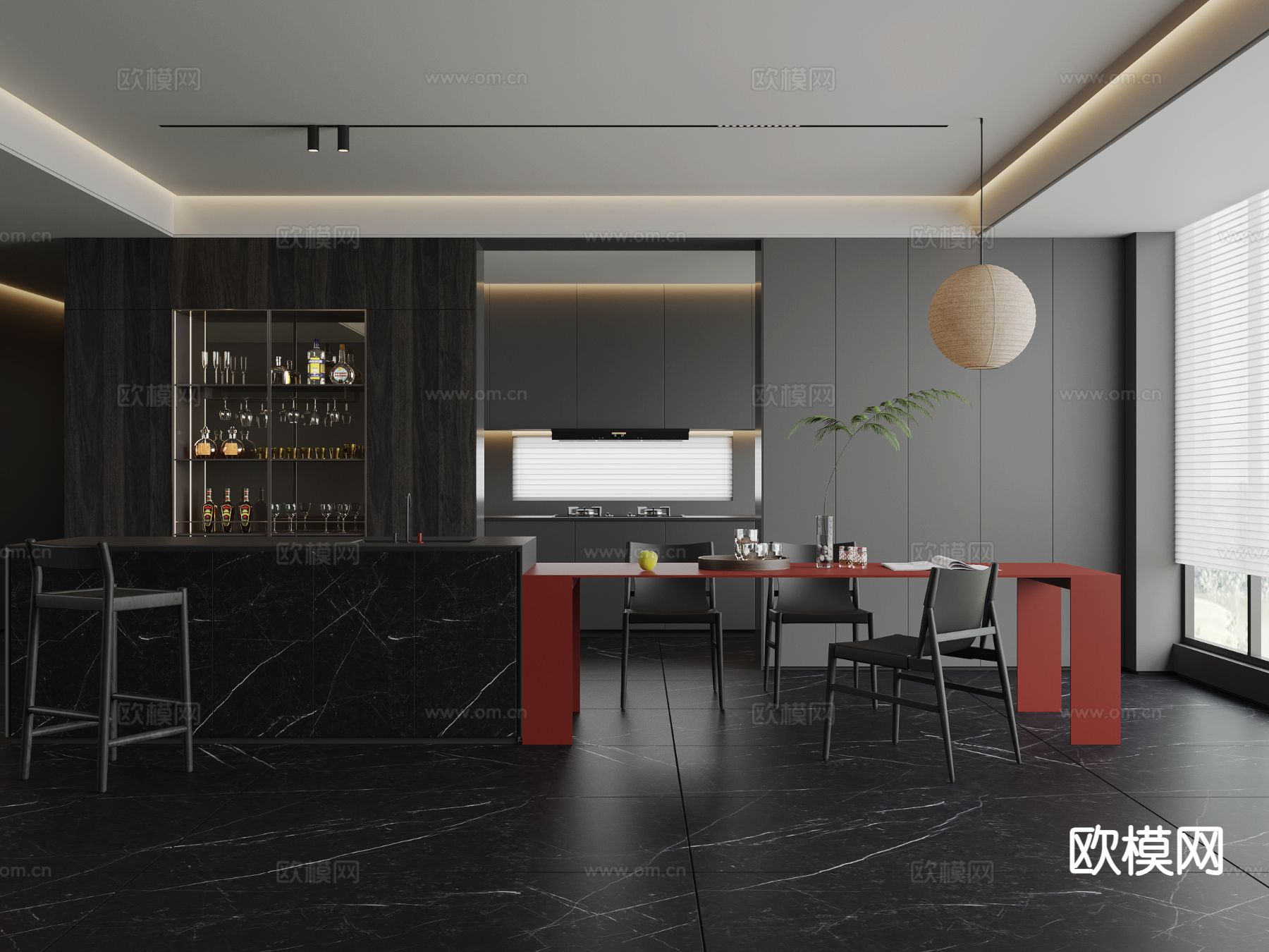暗黑风餐厅 中岛餐厅su模型下载（渲染图2）