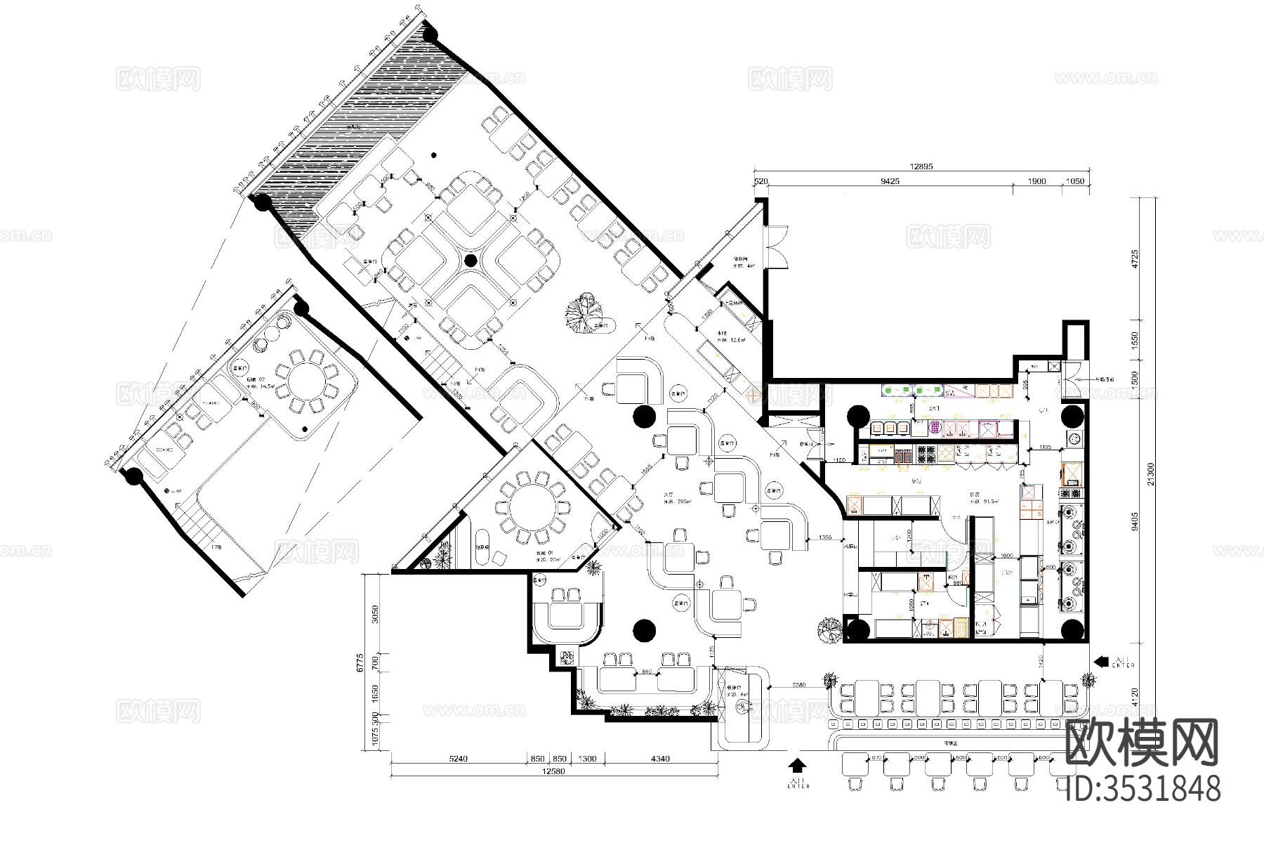 中西餐厅饭店cad平面图下载（渲染图4）