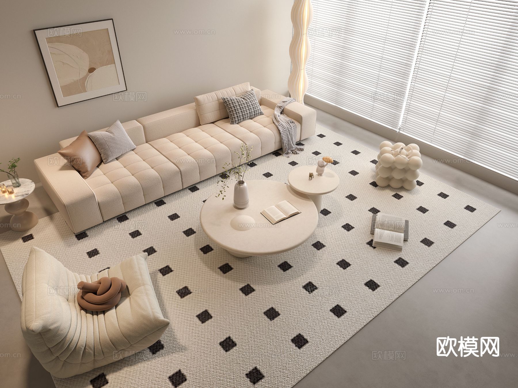 奶油风组合沙发su模型下载（渲染图2）