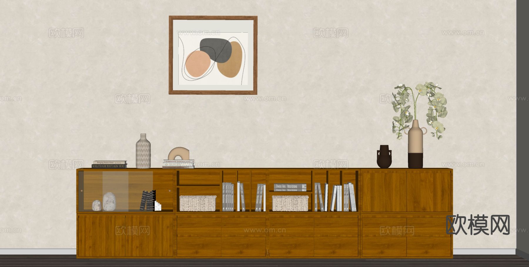 原木风矮书柜 落地柜su模型下载（渲染图1）