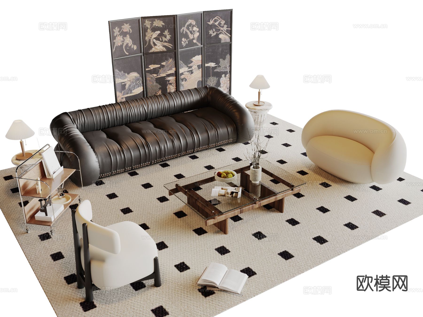 中古风组合沙发su模型下载（渲染图2）