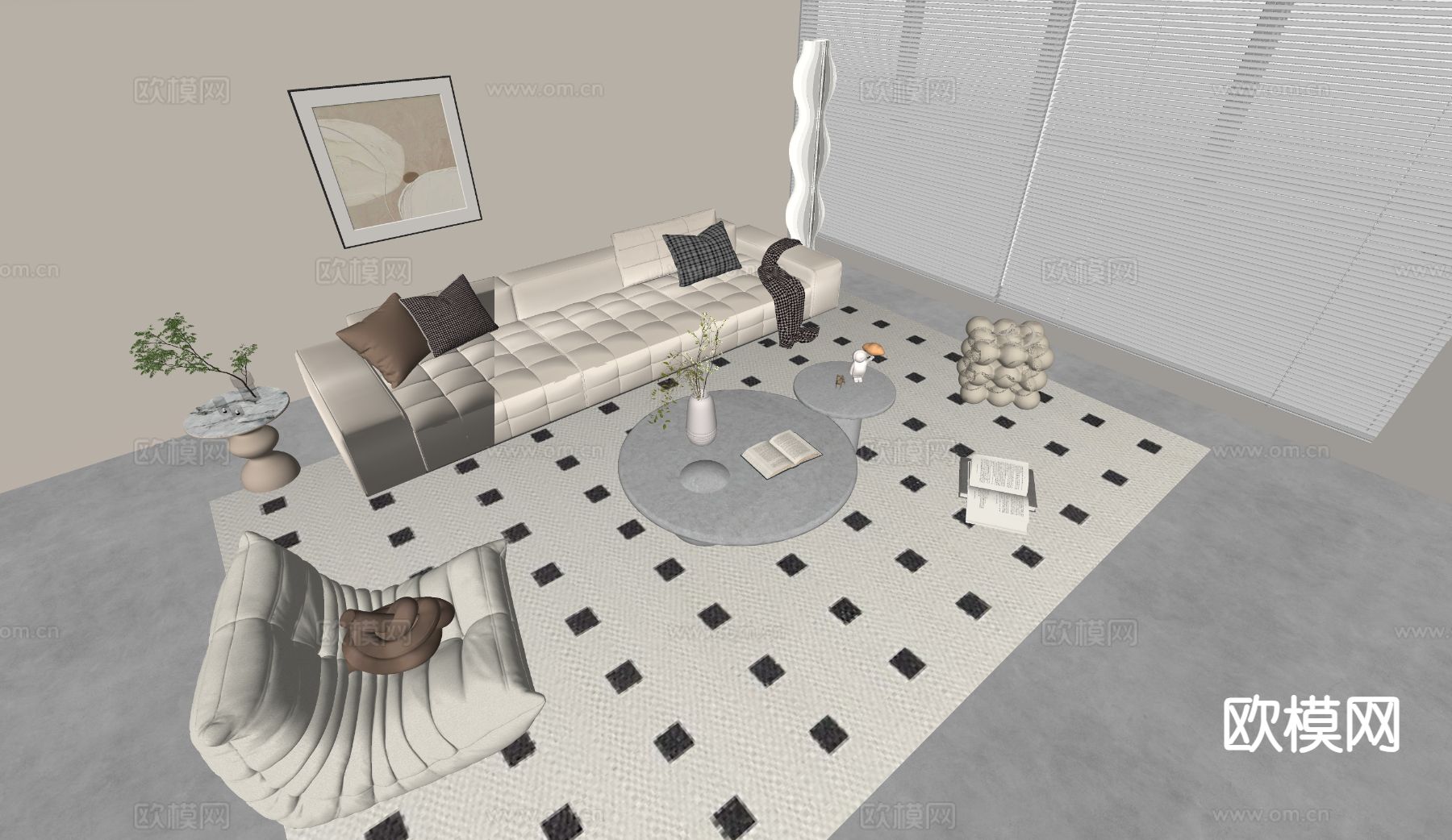 奶油风组合沙发su模型下载（渲染图1）