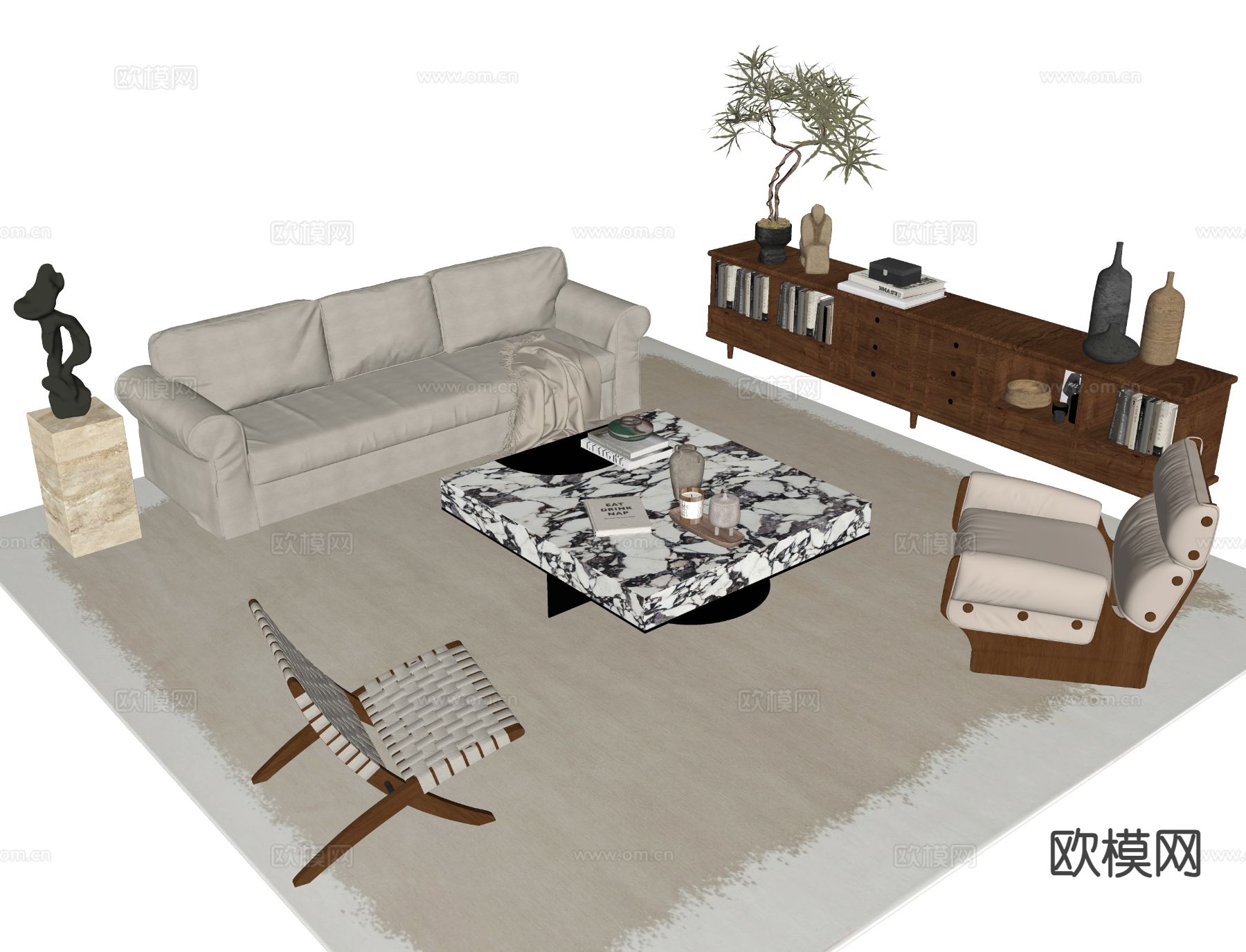 中古风组合沙发su模型下载（渲染图1）