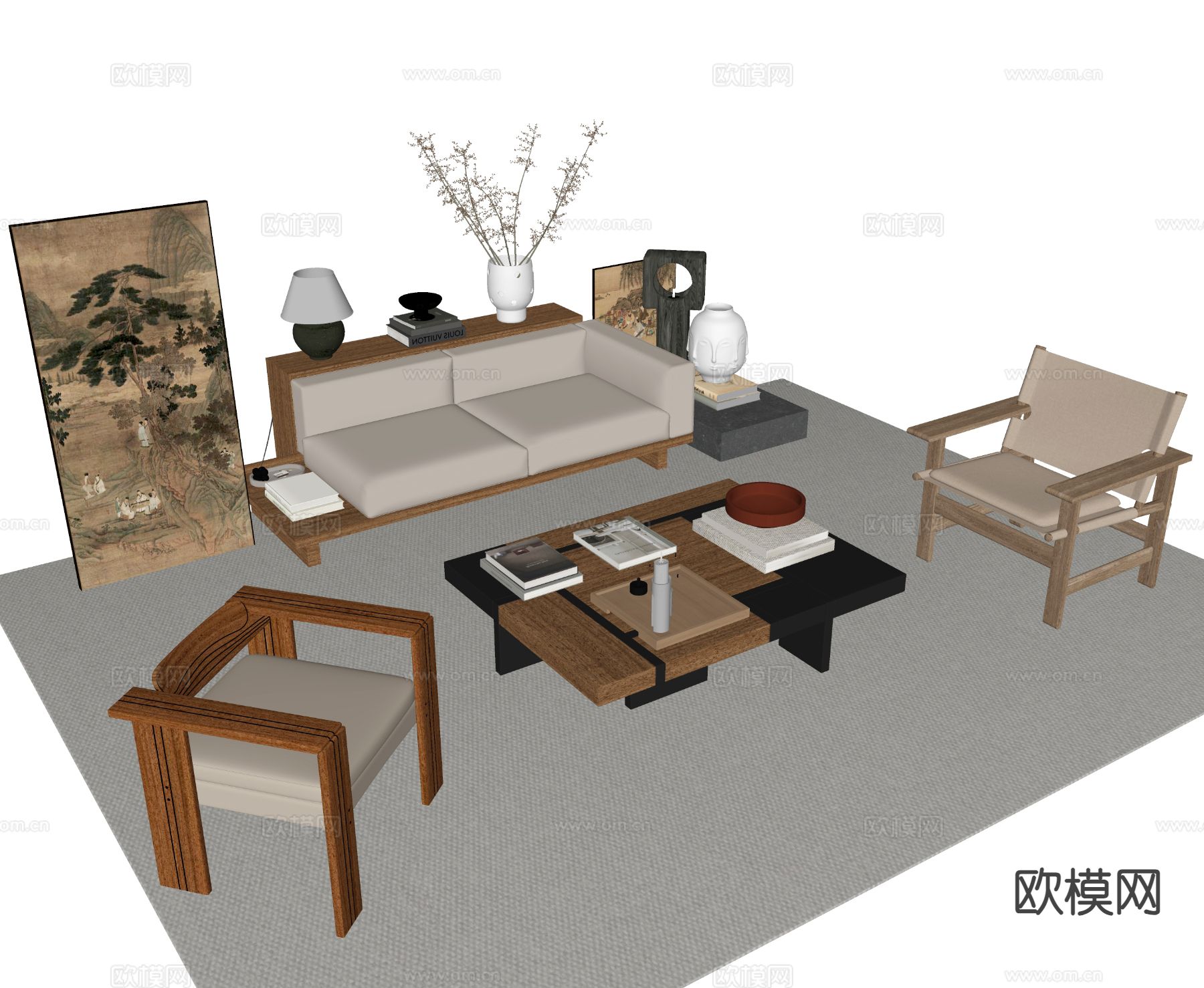 中古风组合沙发su模型下载（渲染图1）