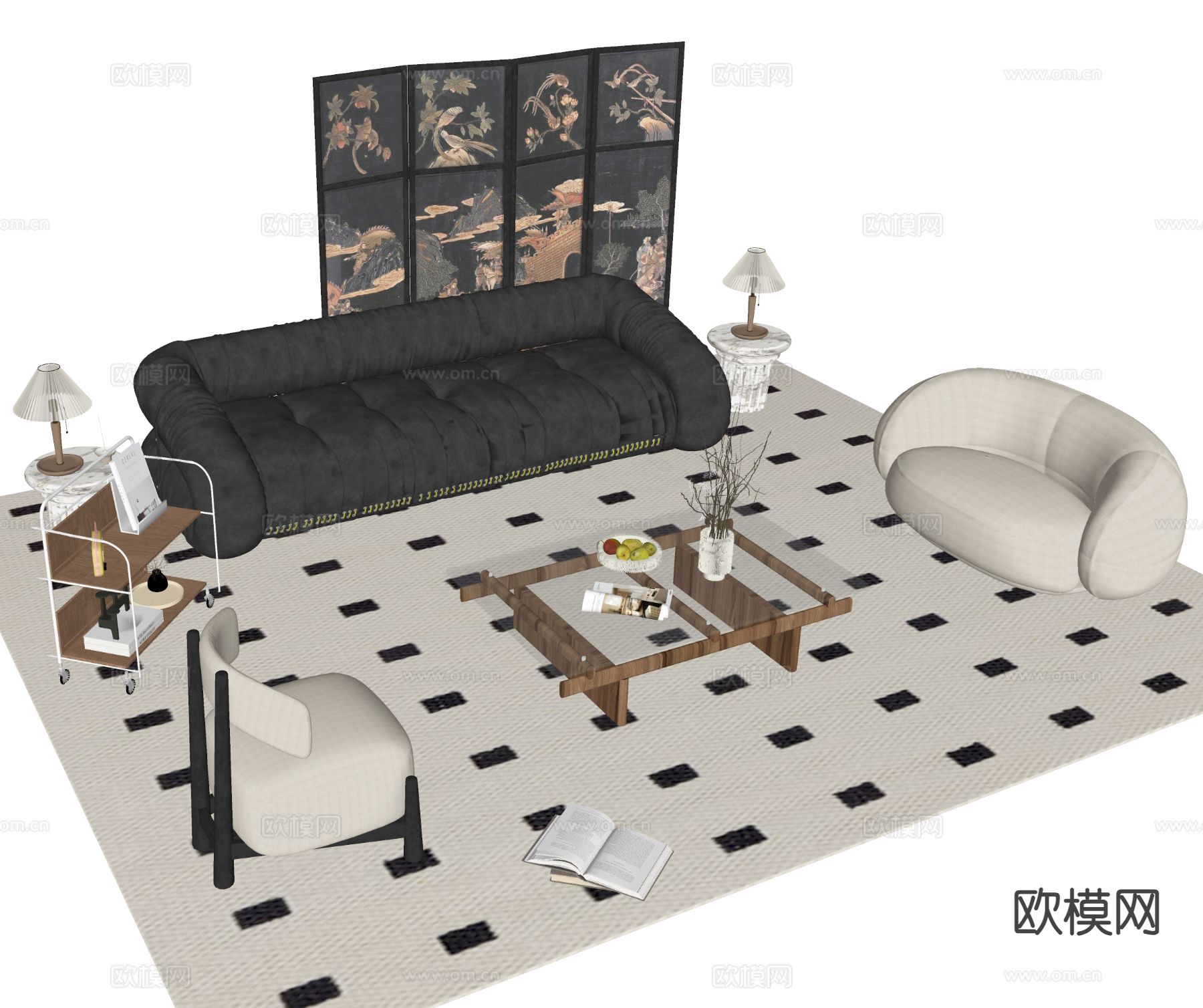 中古风组合沙发su模型下载（渲染图1）