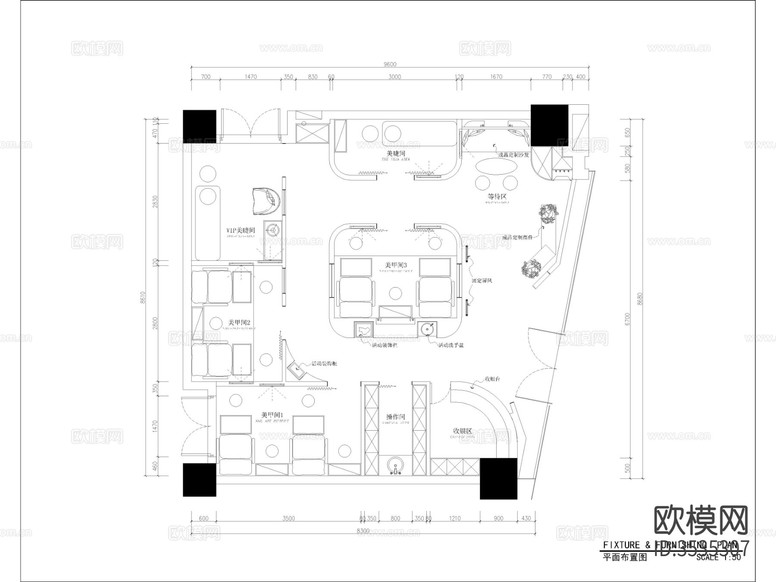 美甲店美睫店CAD施工圖下載(渲染圖2)