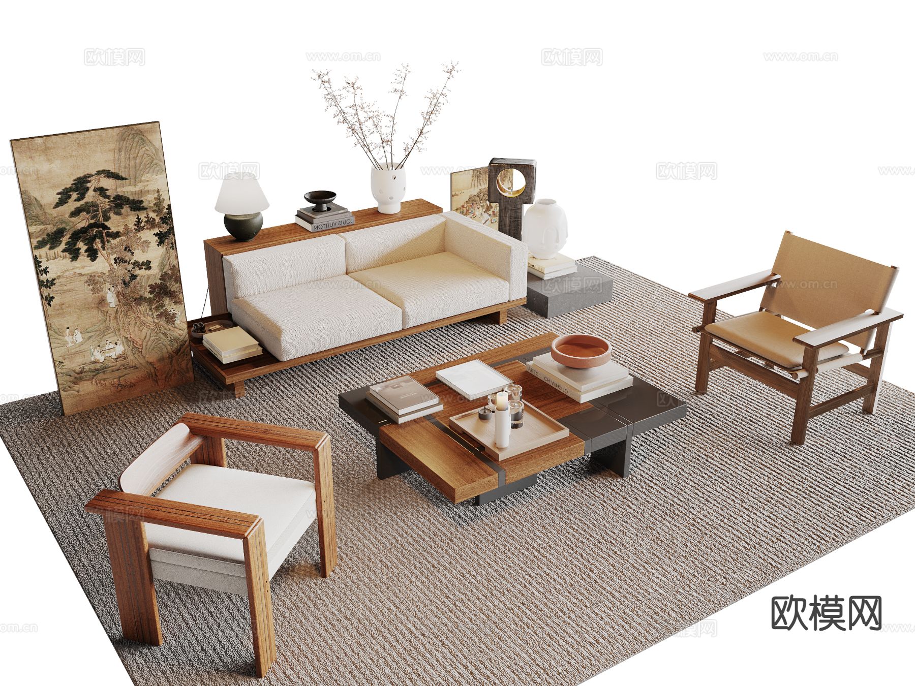 中古风组合沙发su模型下载（渲染图2）