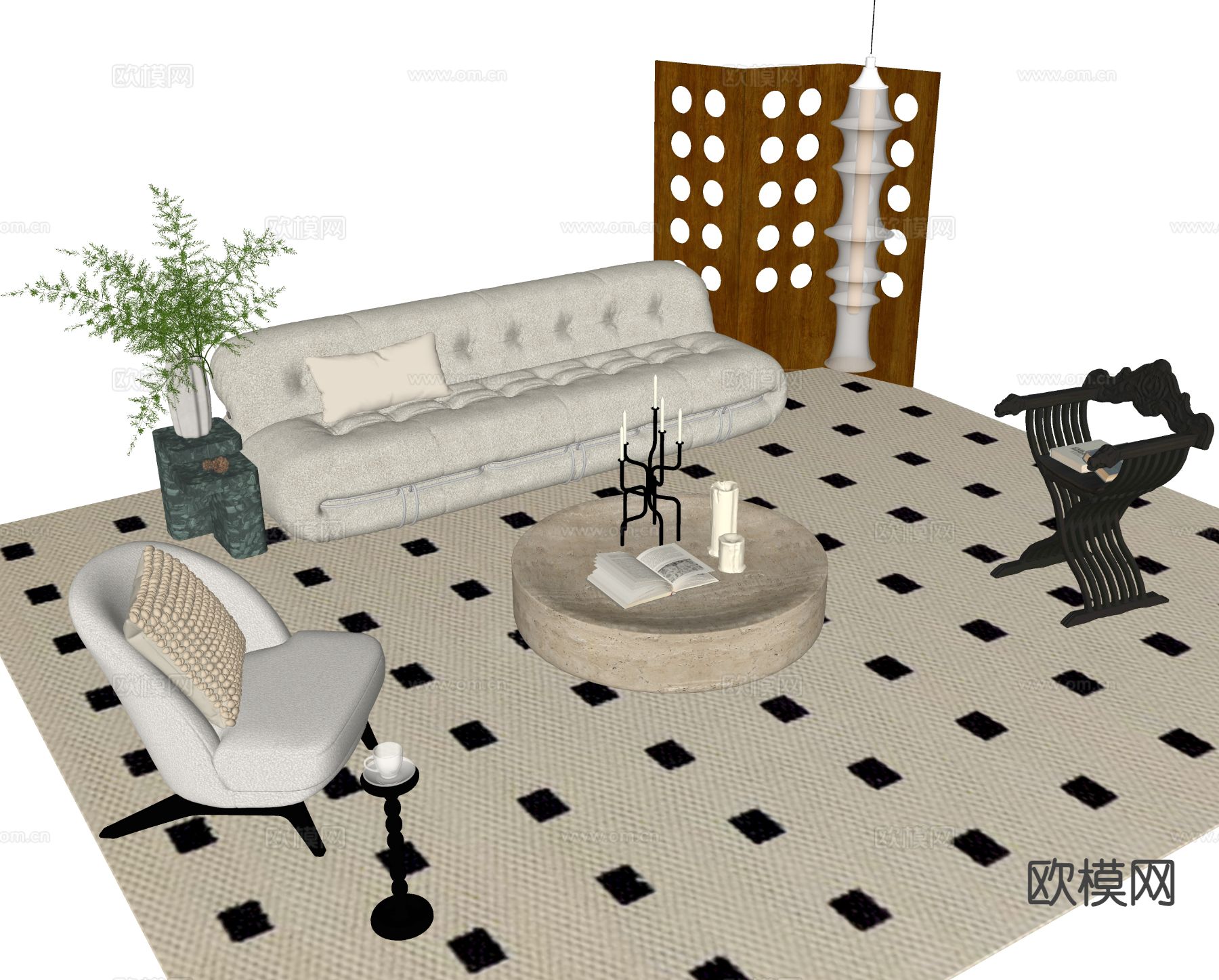 中古风组合沙发su模型下载（渲染图1）