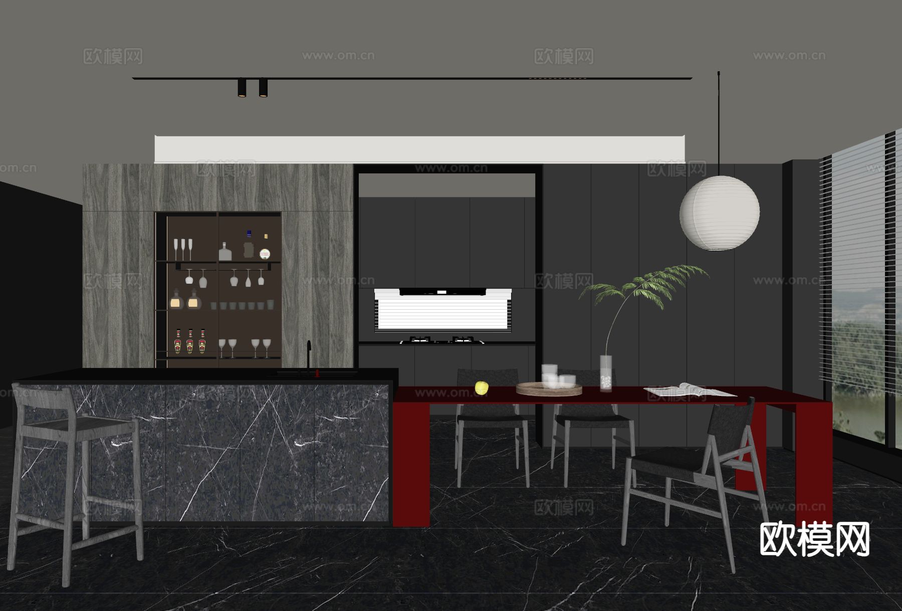 暗黑风餐厅 中岛餐厅su模型下载（渲染图1）