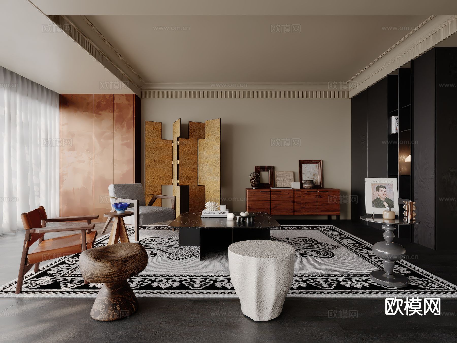 中古风客厅su模型下载（渲染图2）