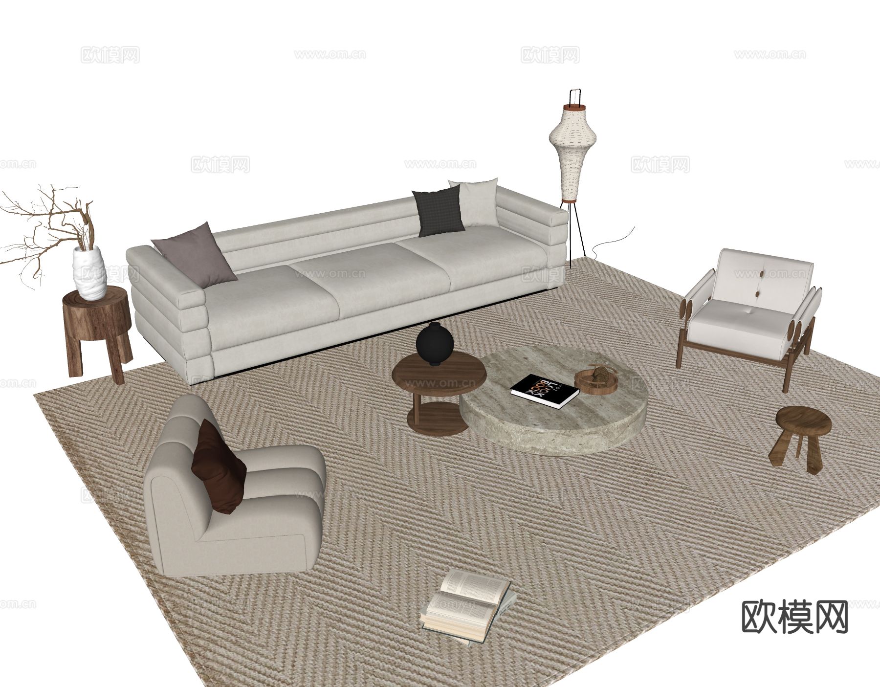 中古风组合沙发su模型下载（渲染图1）