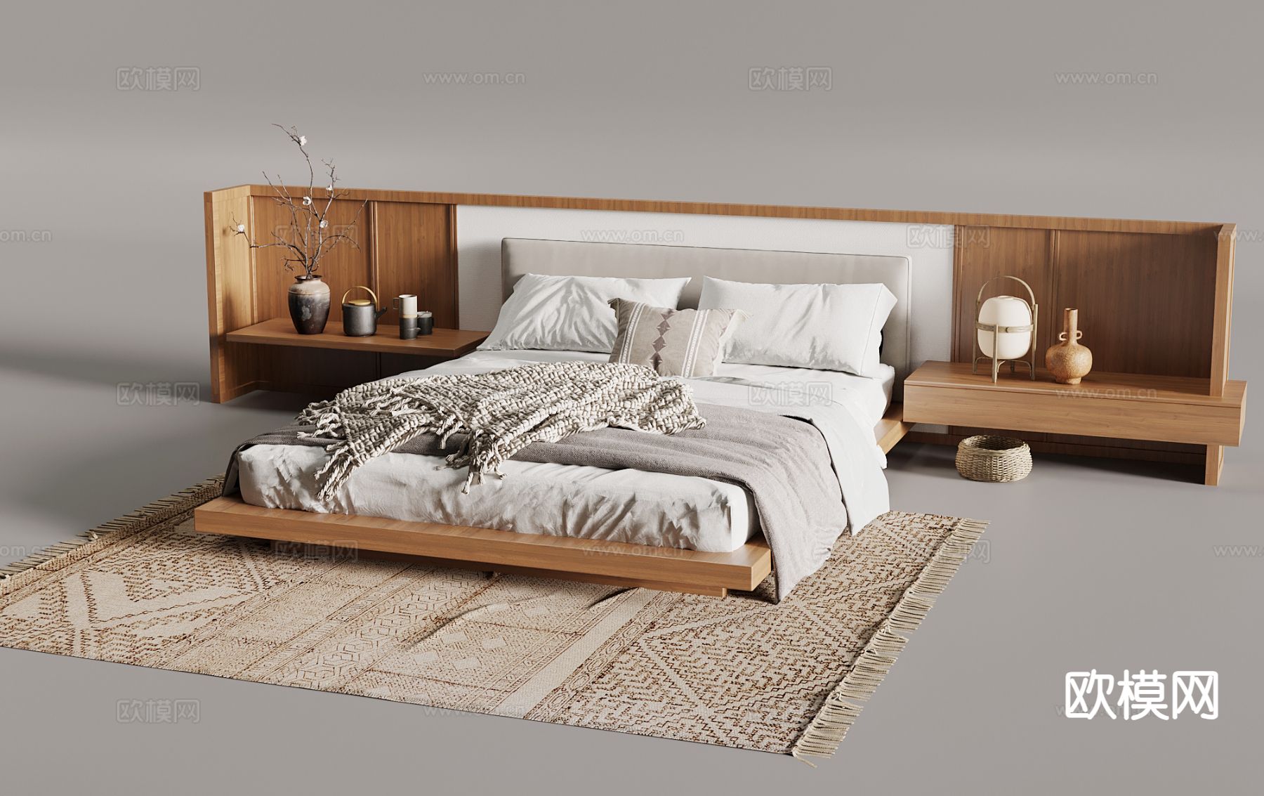 原木风双人床 床头背景3d模型下载