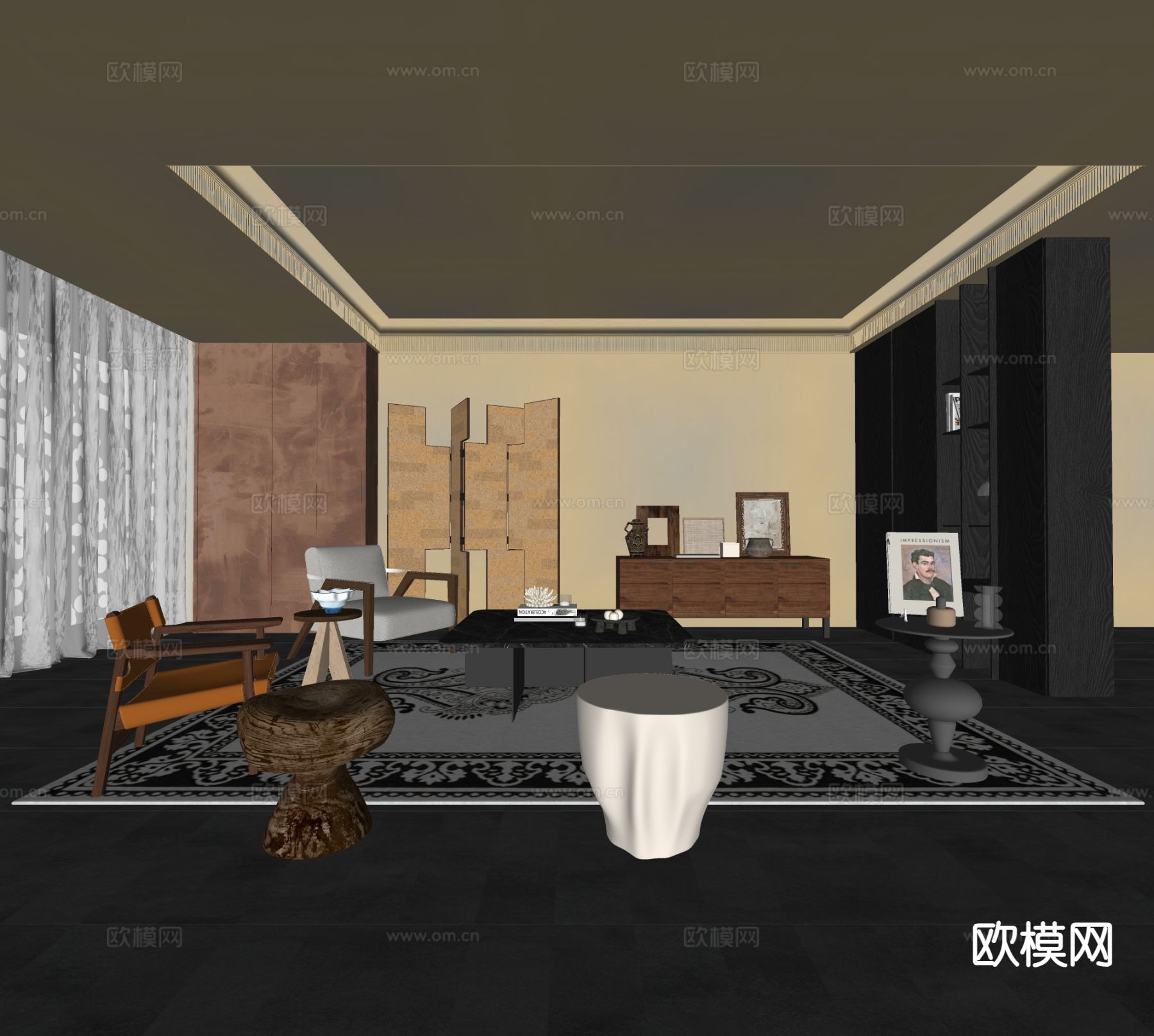 中古风客厅su模型下载（渲染图1）