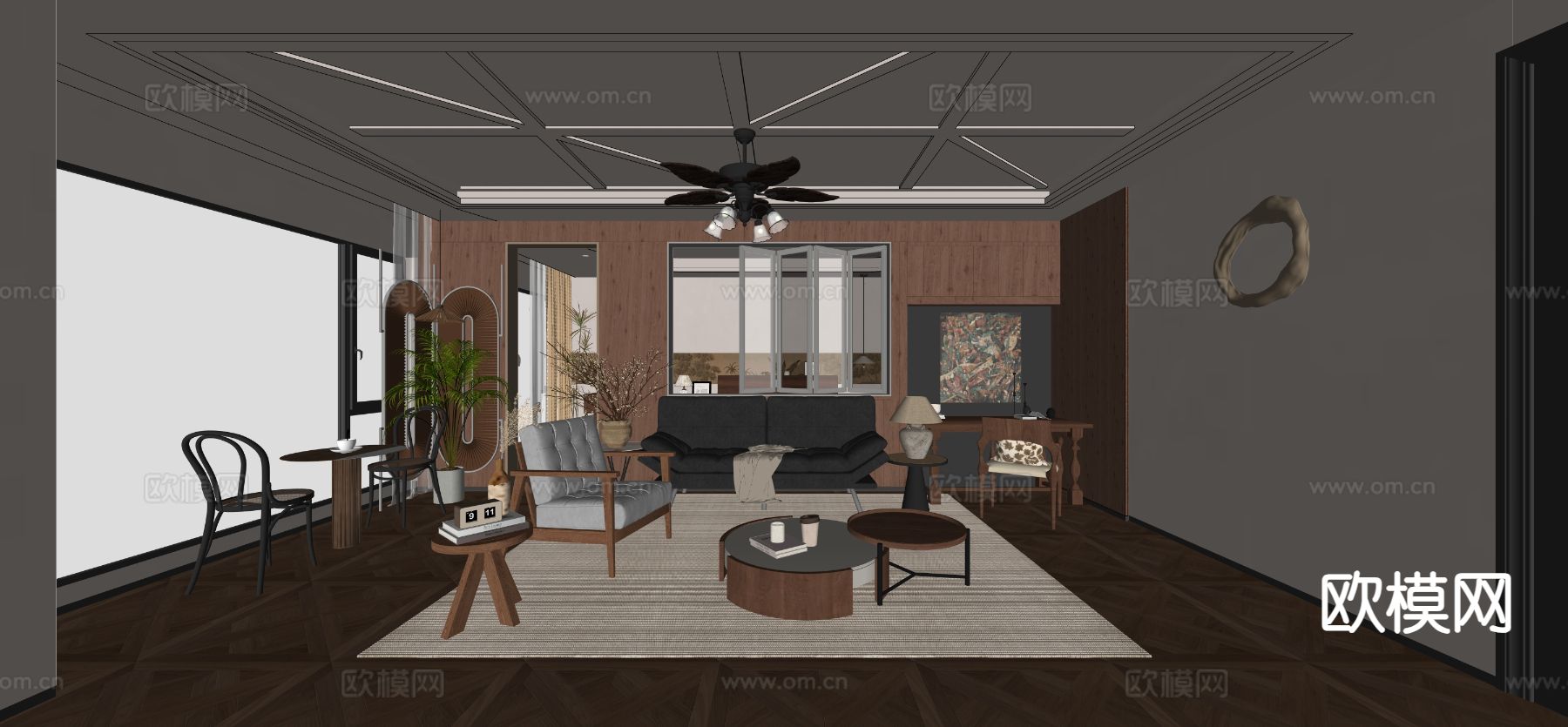 美式轻奢客厅su模型下载（渲染图1）