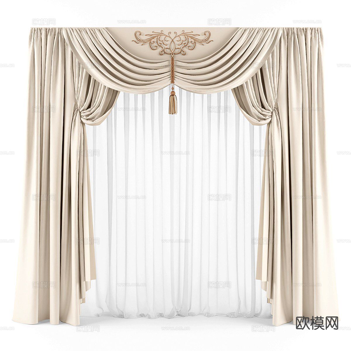 奶油风窗帘 窗纱 纱帘su模型下载（渲染图2）