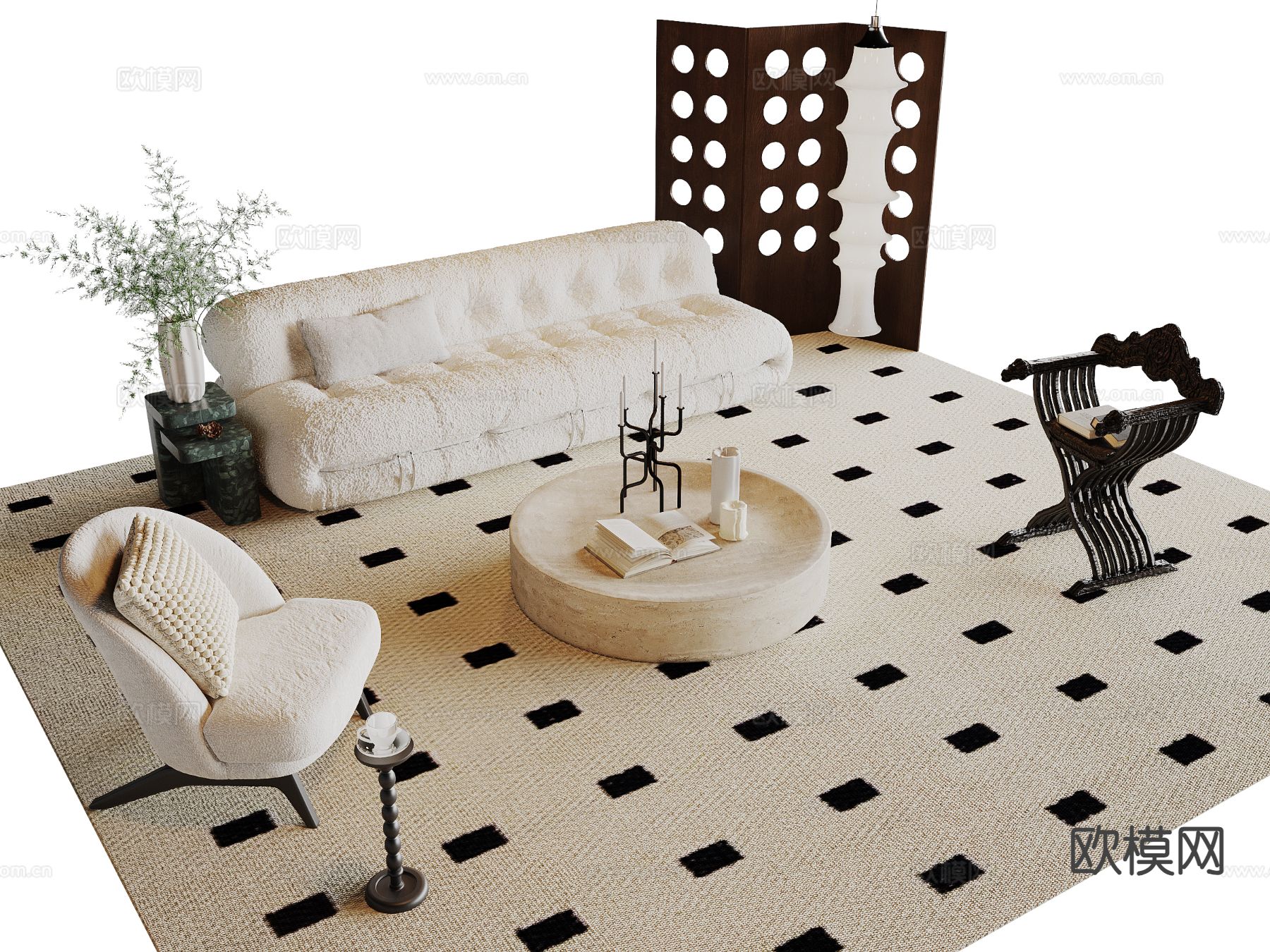 中古风组合沙发su模型下载（渲染图2）
