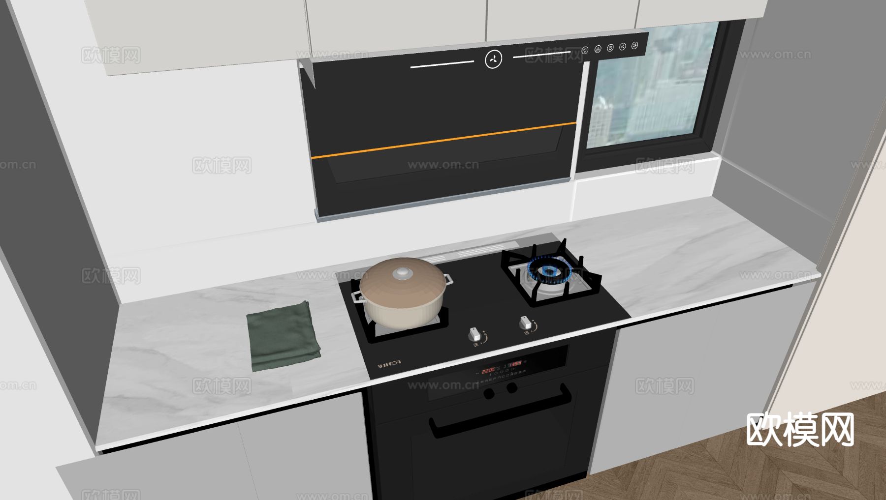 灶台 炉灶 油烟机 燃气灶su模型下载（渲染图1）