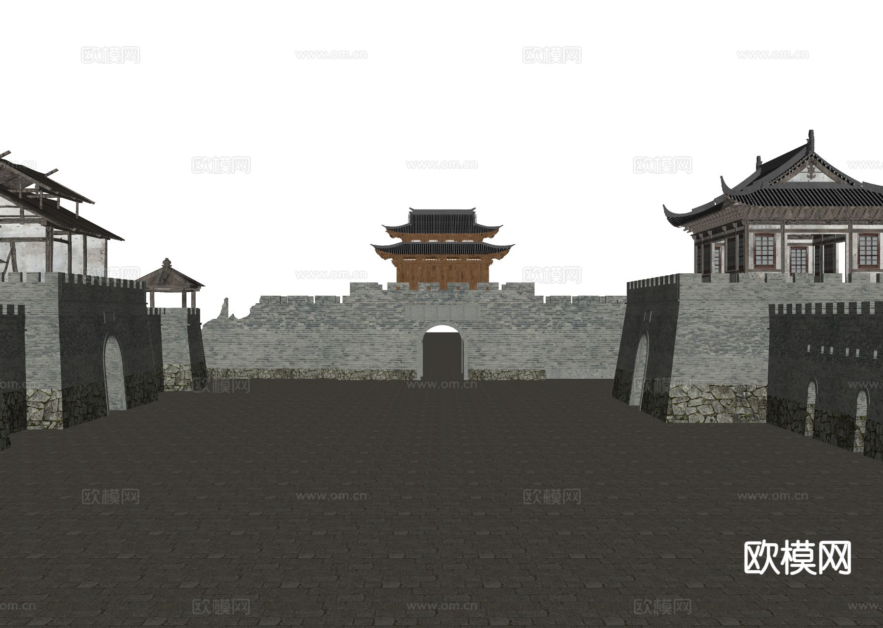 中式城门楼 城墙 古建筑su模型下载（渲染图1）