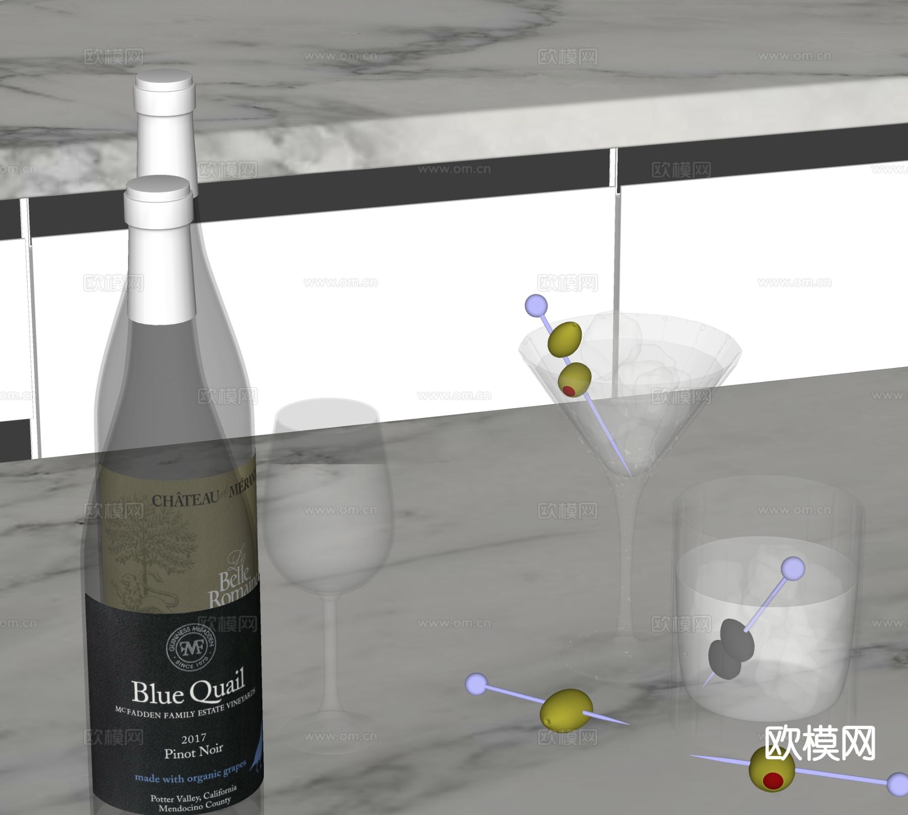 酒水 酒瓶 洋酒 酒杯 香槟su模型下载（渲染图1）