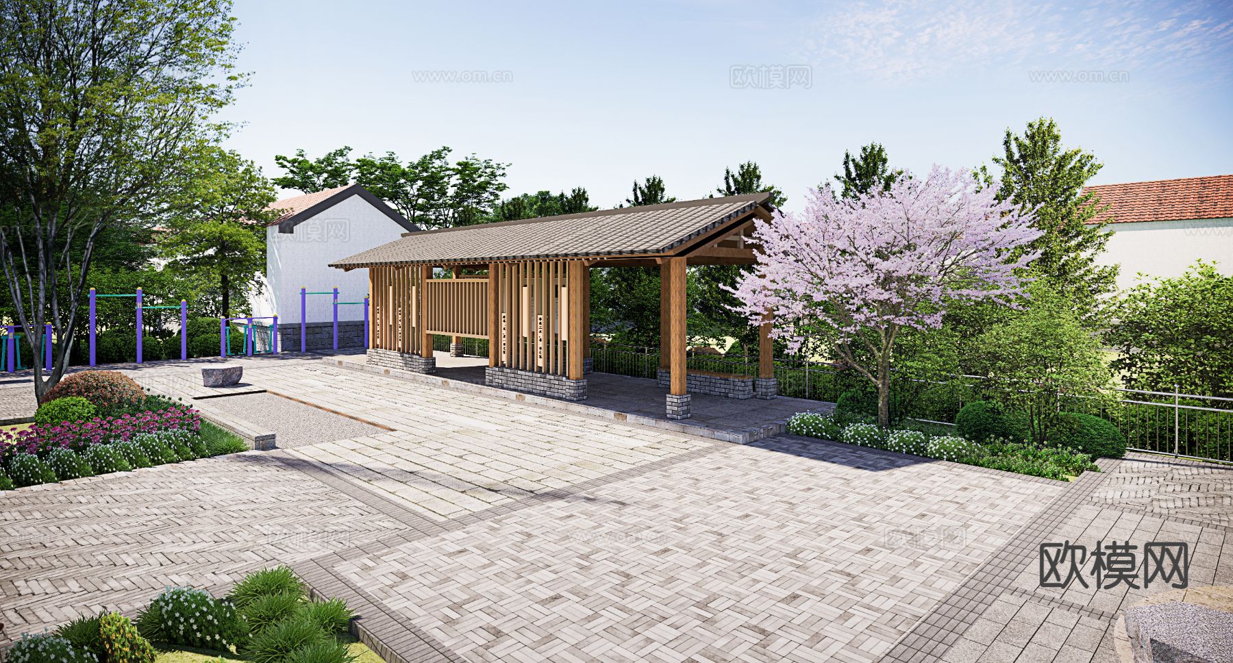 新中式文化广场 活动广场 党建广场su模型下载（渲染图3）