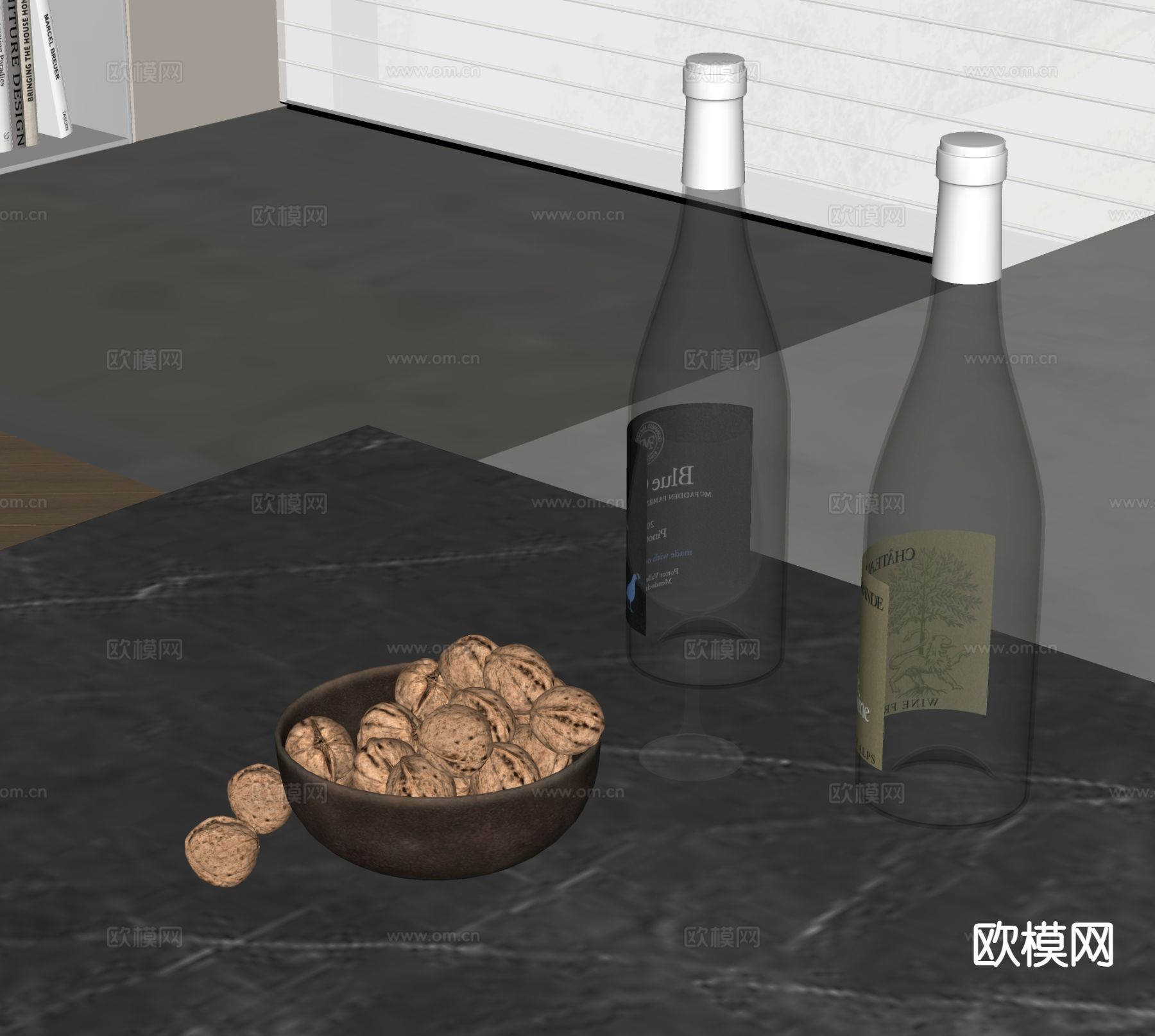 食物 核桃 酒瓶 高脚杯su模型下载（渲染图1）