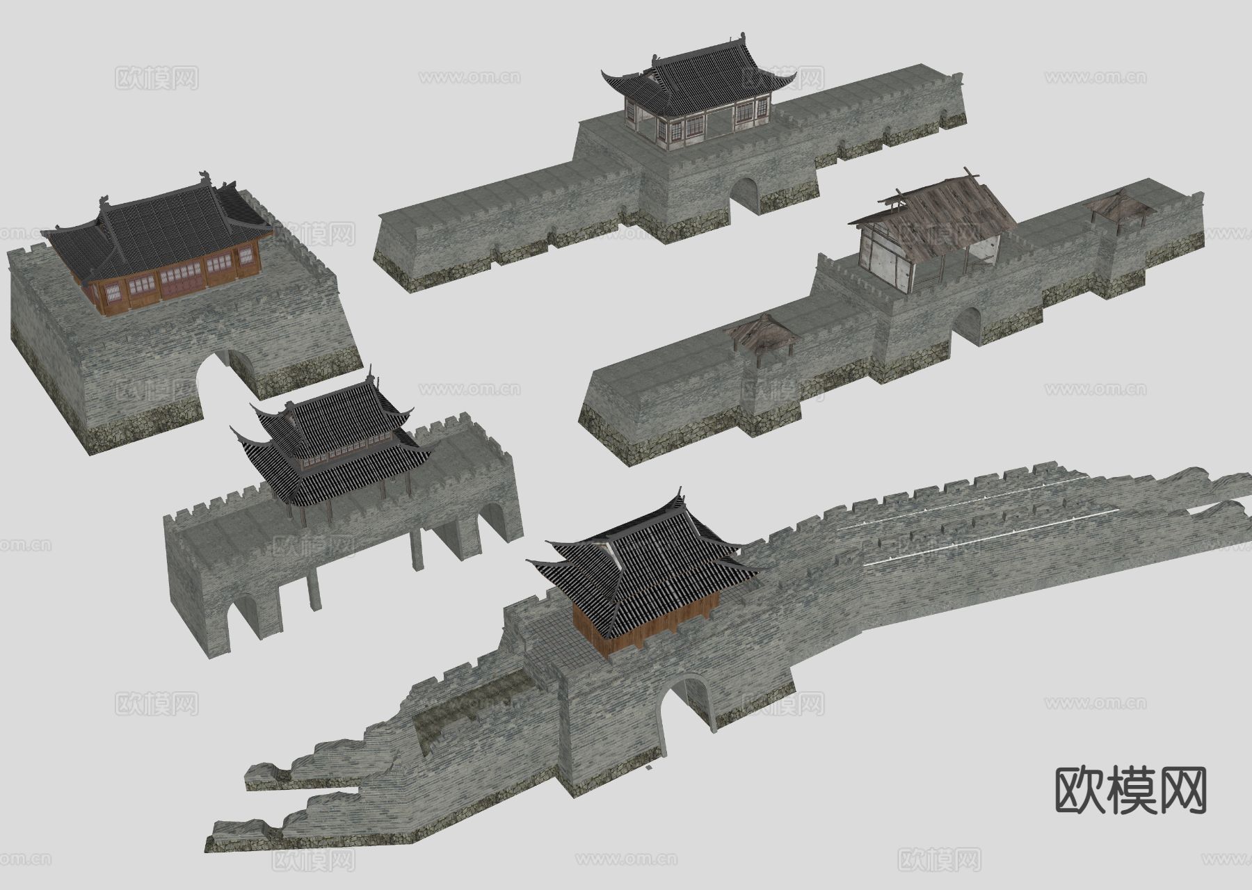 中式城门楼 城墙 古建筑su模型下载（渲染图1）