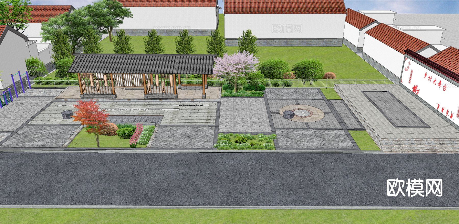 新中式文化广场 活动广场 党建广场su模型下载（渲染图2）