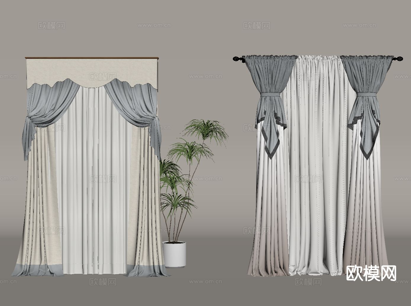 简欧窗帘su模型下载（渲染图1）