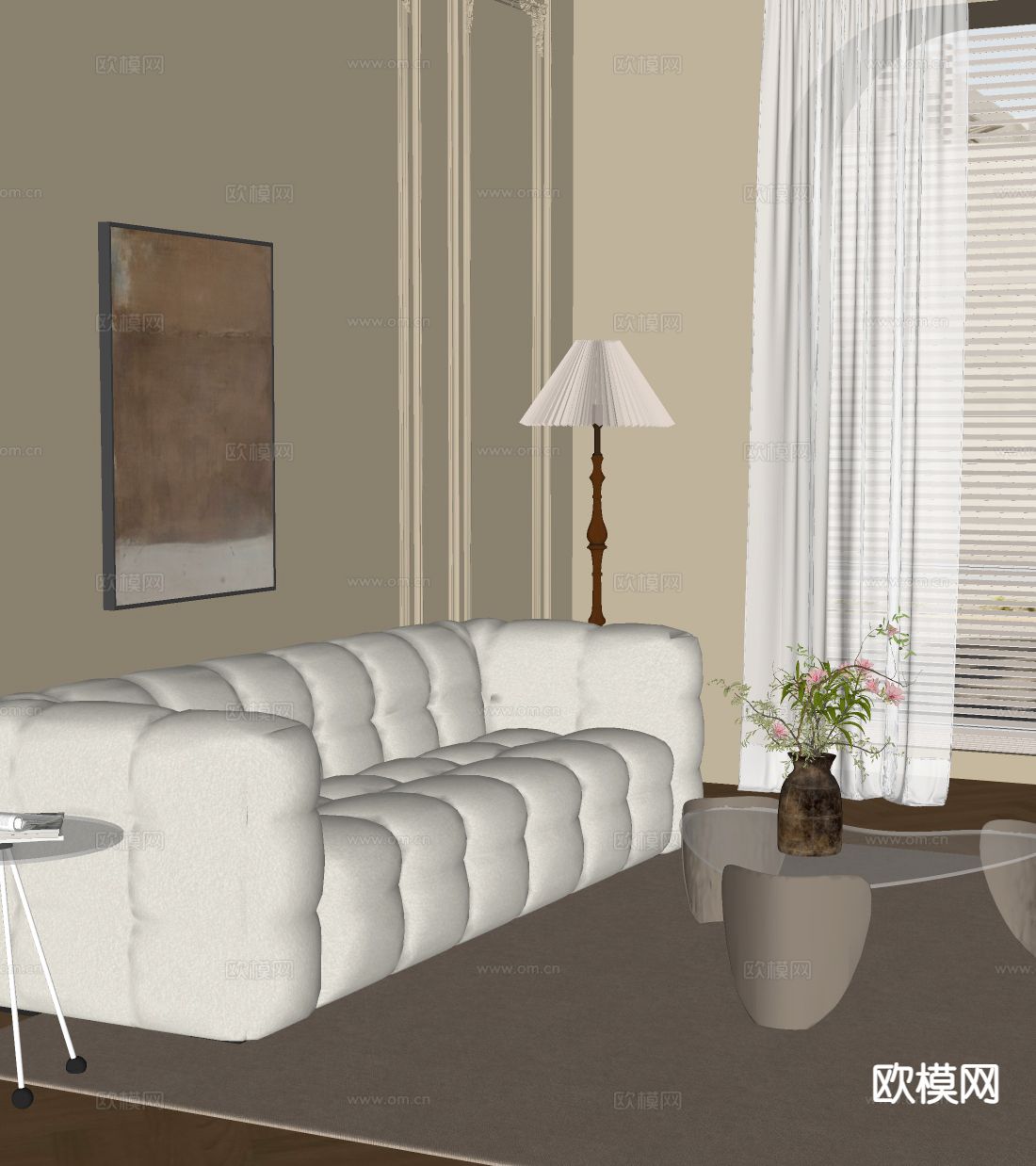 奶油风双人沙发su模型下载（渲染图1）