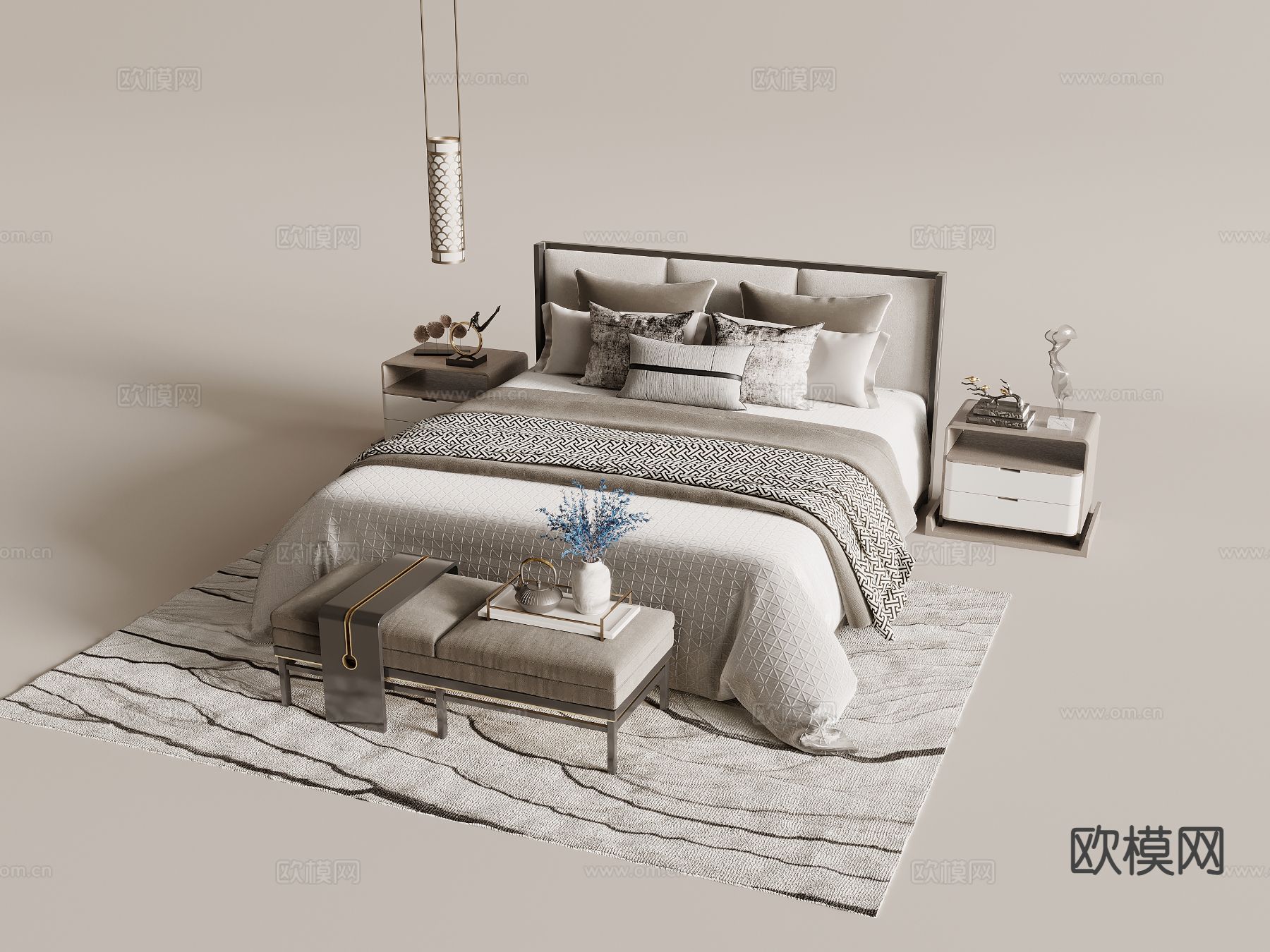 新中式双人床su模型下载（渲染图2）