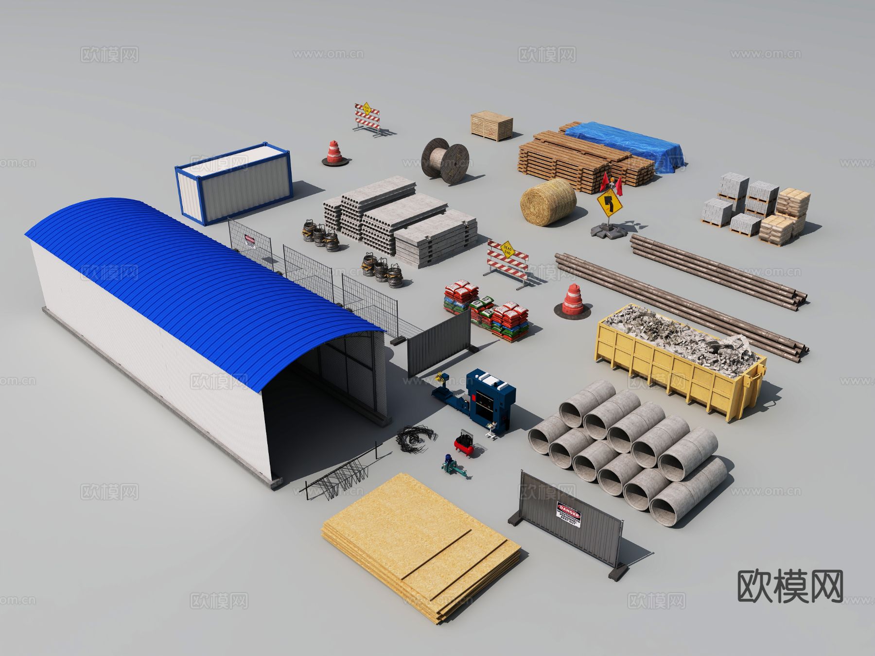 工地小品 工地材料 集装箱 钢棚 建筑工地3d模型