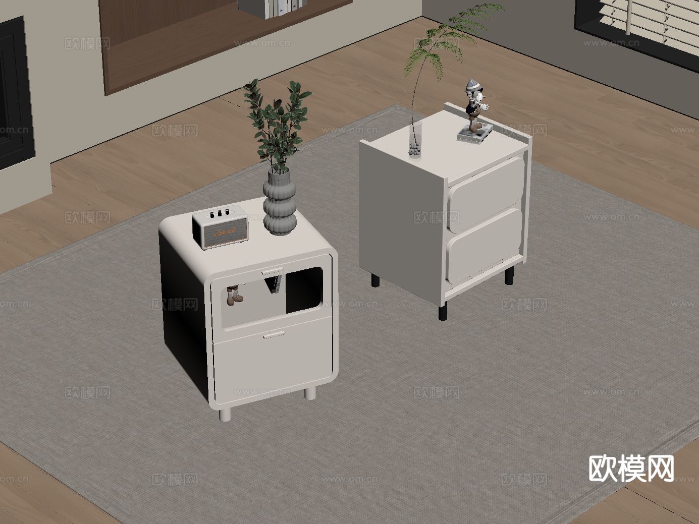 奶油风床头柜su模型下载（渲染图1）