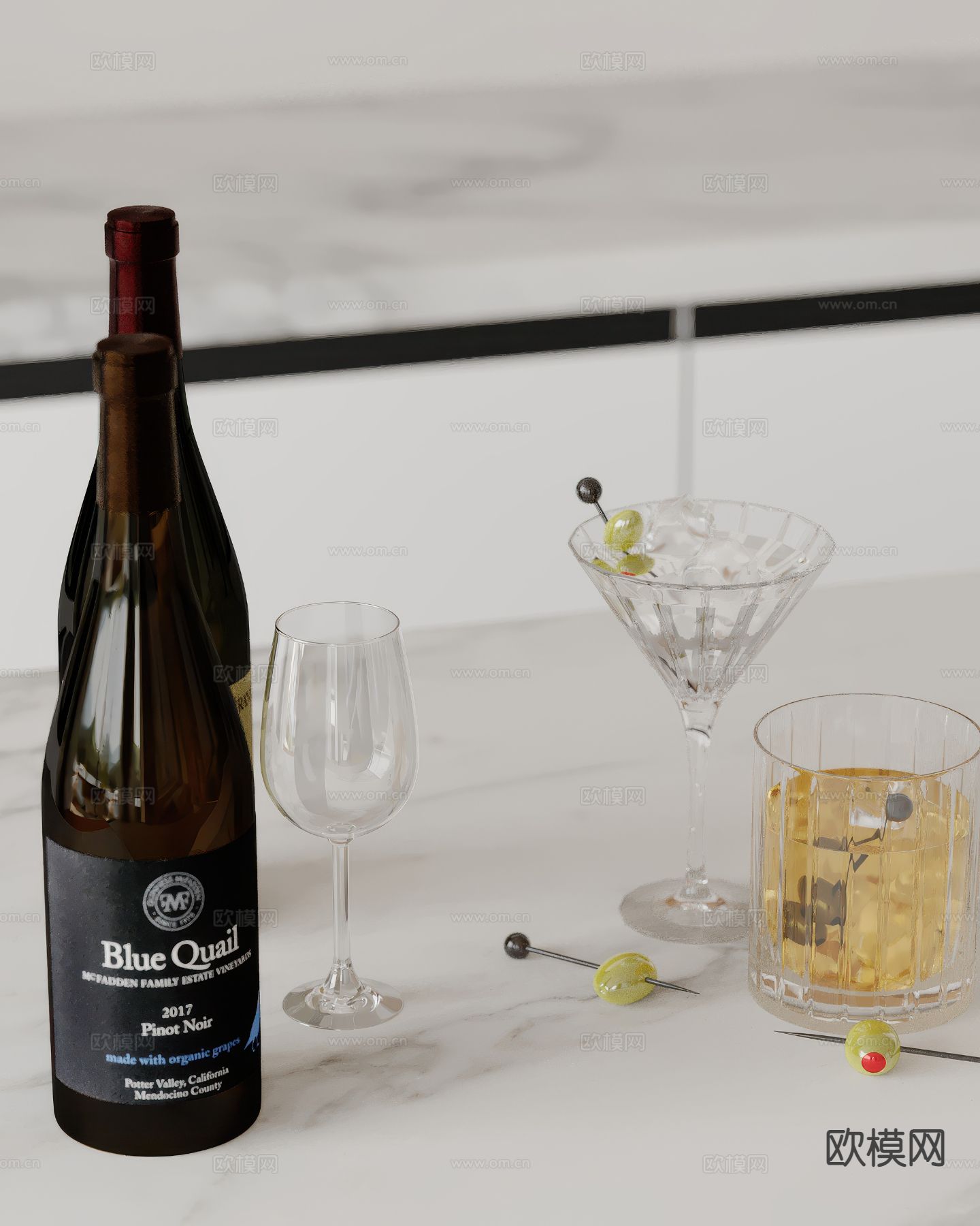 酒水 酒瓶 洋酒 酒杯 香槟su模型下载（渲染图2）