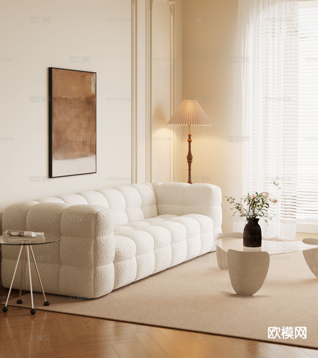 奶油风双人沙发su模型下载（渲染图2）