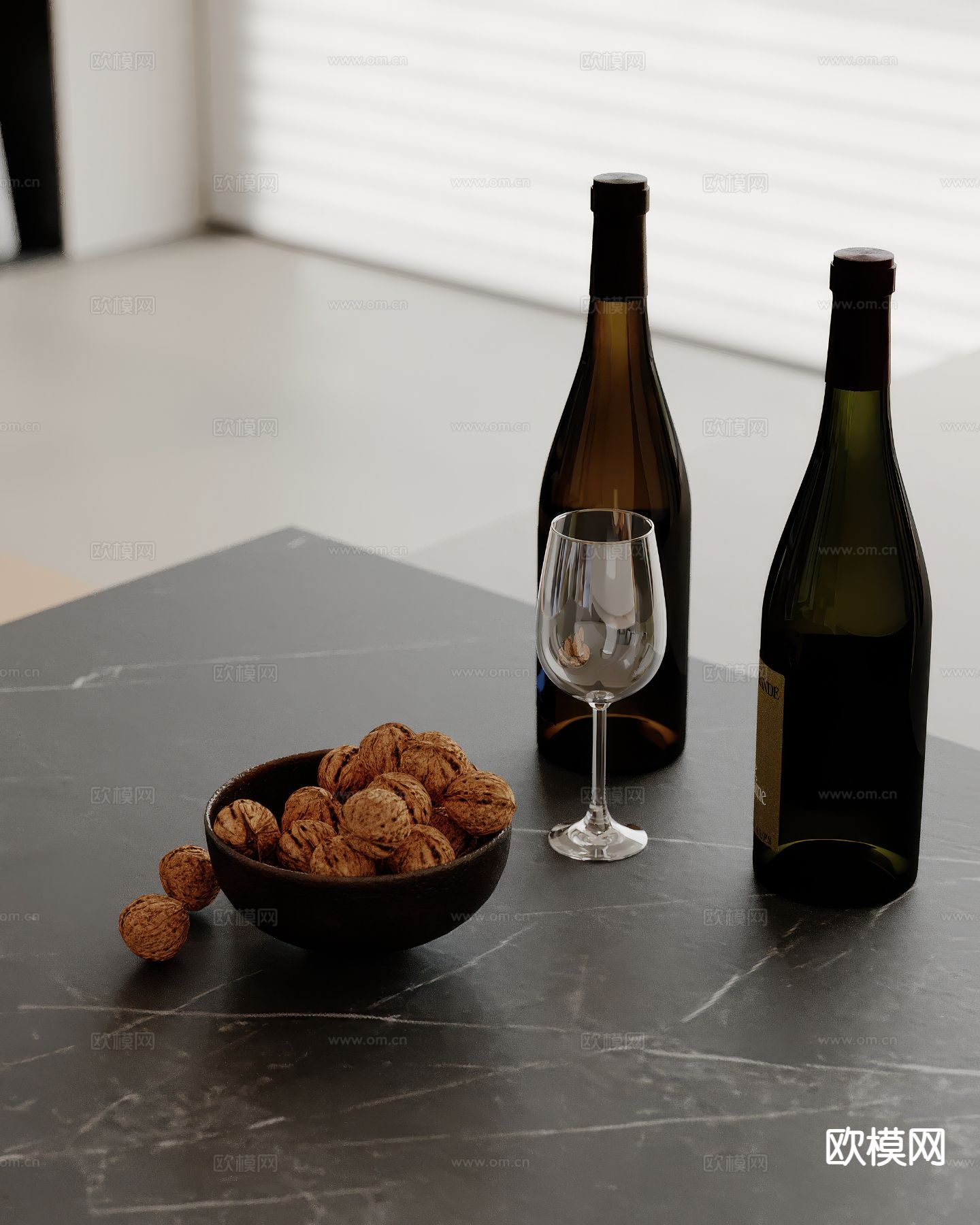 食物 核桃 酒瓶 高脚杯su模型下载（渲染图2）
