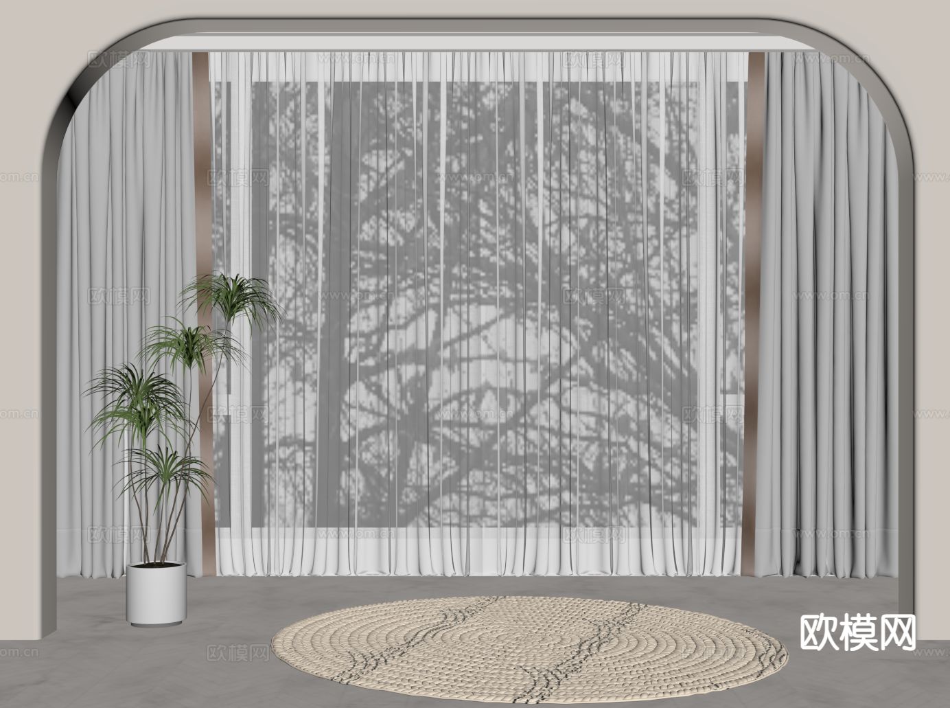 简欧窗帘su模型下载（渲染图1）