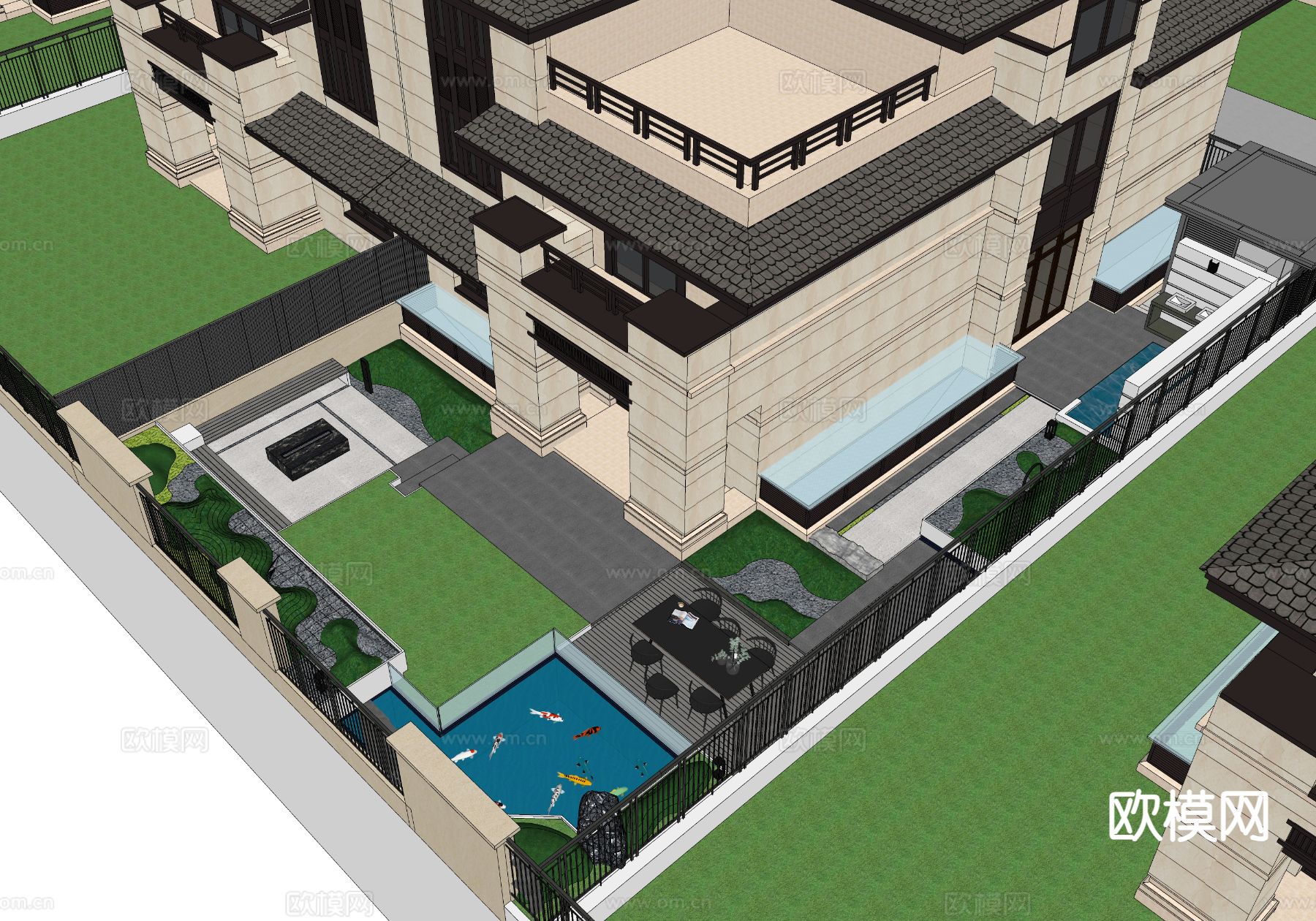 别墅庭院 花园su模型下载（渲染图1）