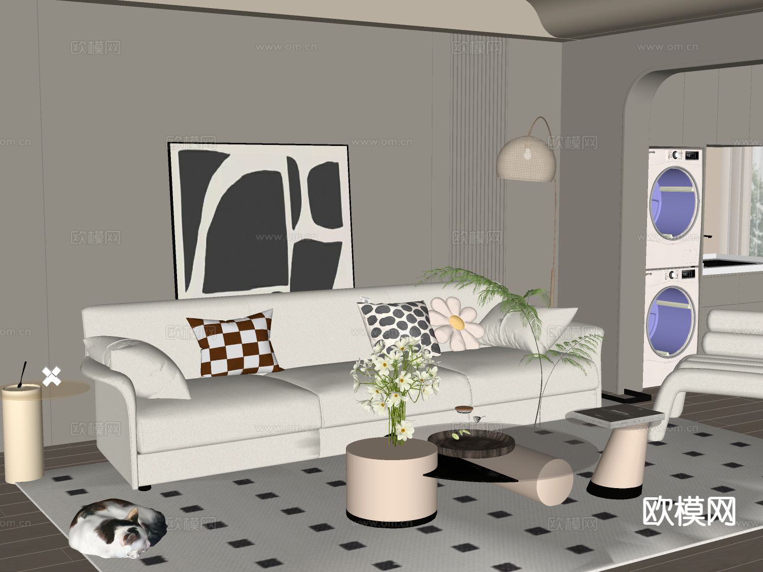 奶油风组合沙发su模型下载（渲染图1）