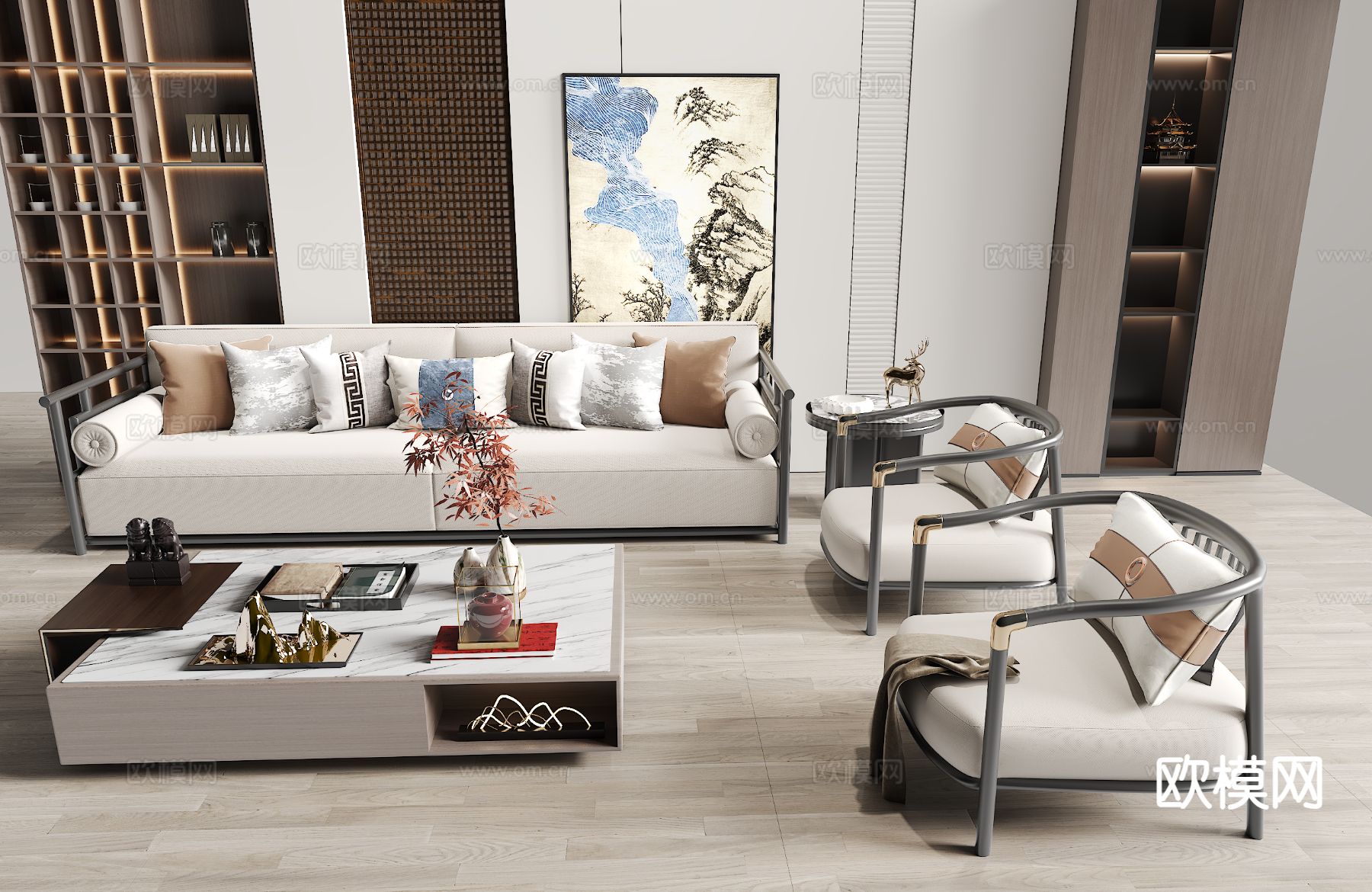 新中式组合沙发su模型下载（渲染图2）