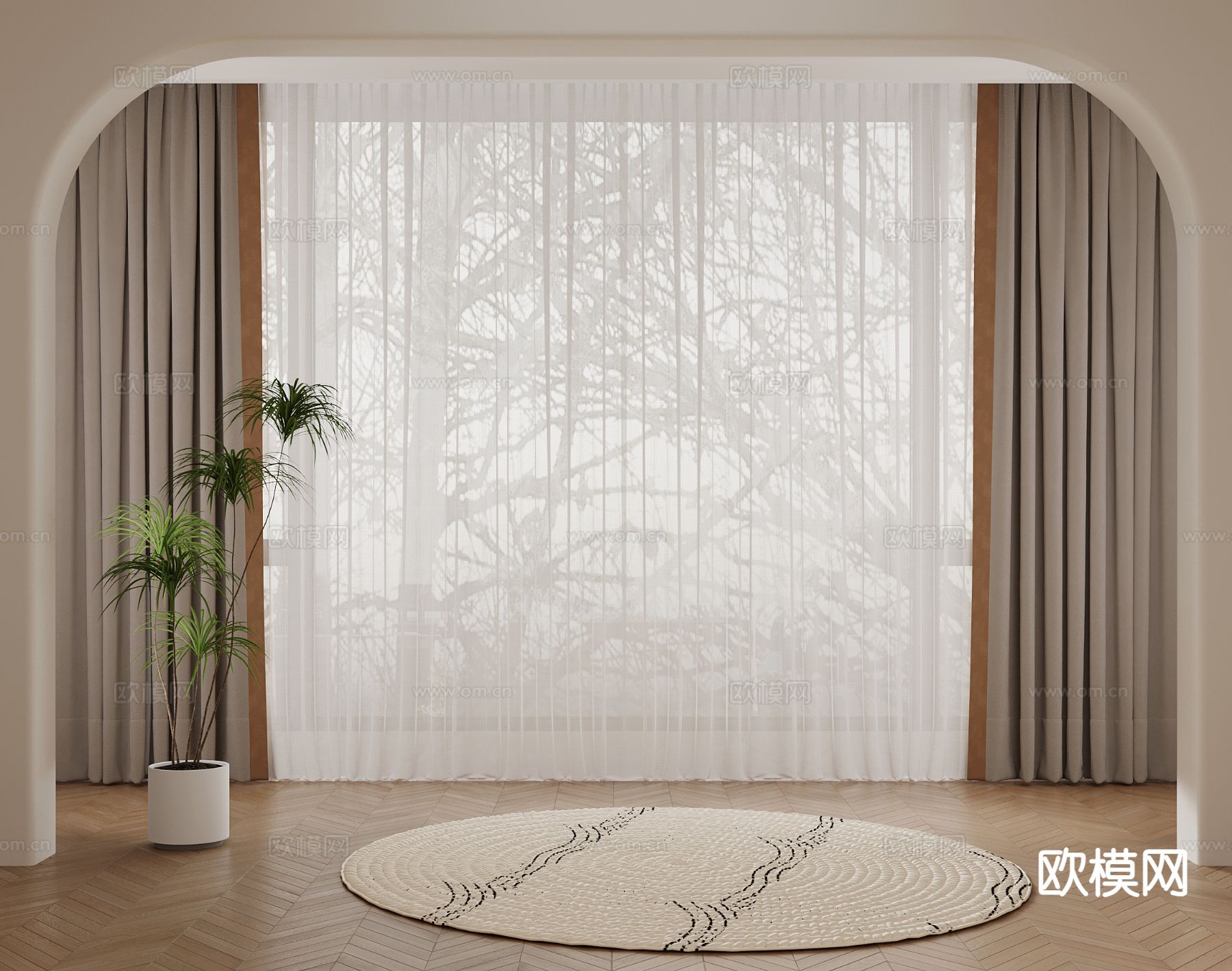 简欧窗帘su模型下载（渲染图2）