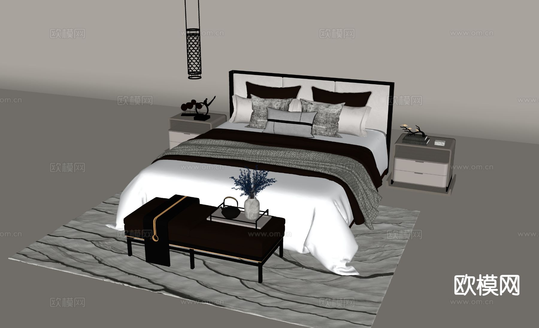 新中式双人床su模型下载（渲染图1）