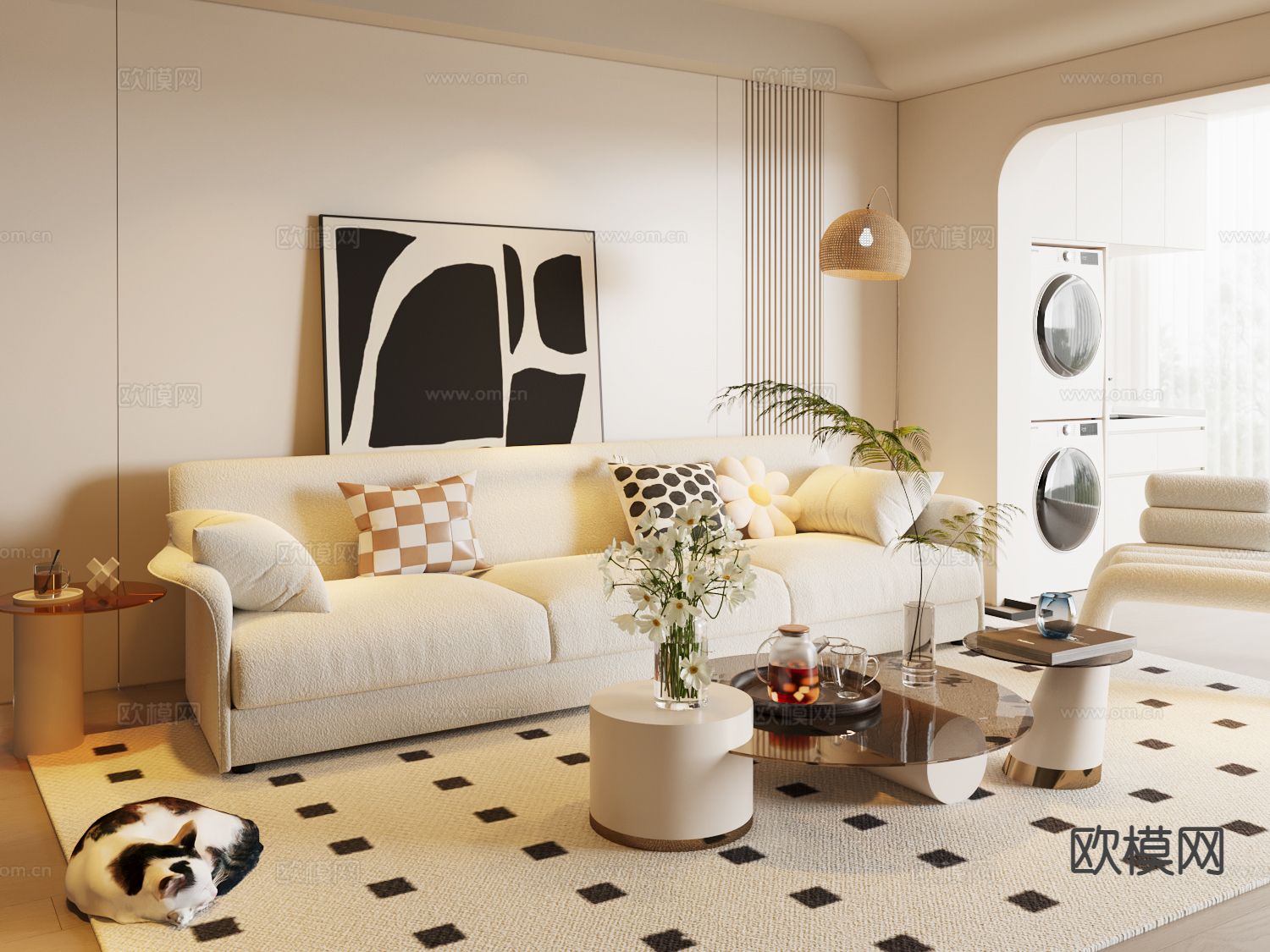 奶油风组合沙发su模型下载（渲染图2）