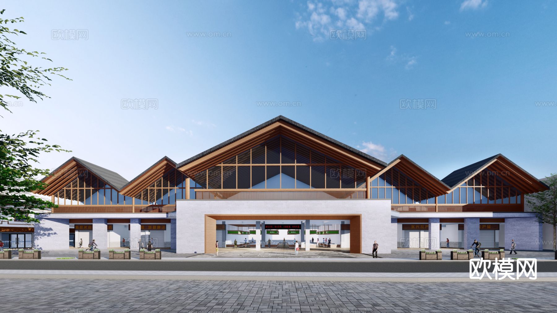 新中式党群服务中心 游客中心su模型下载（渲染图3）