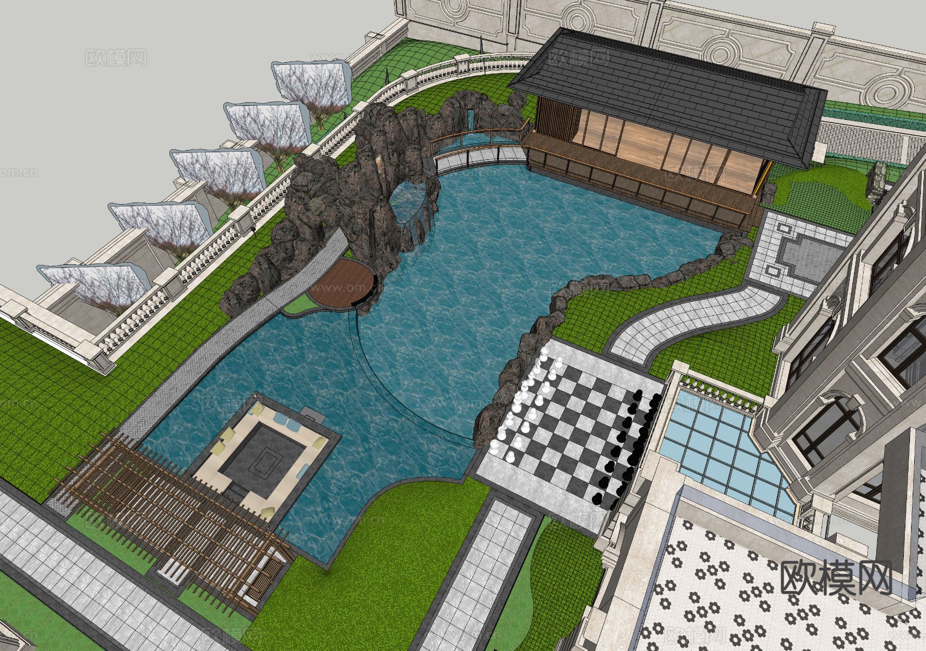 别墅庭院 花园su模型下载（渲染图1）