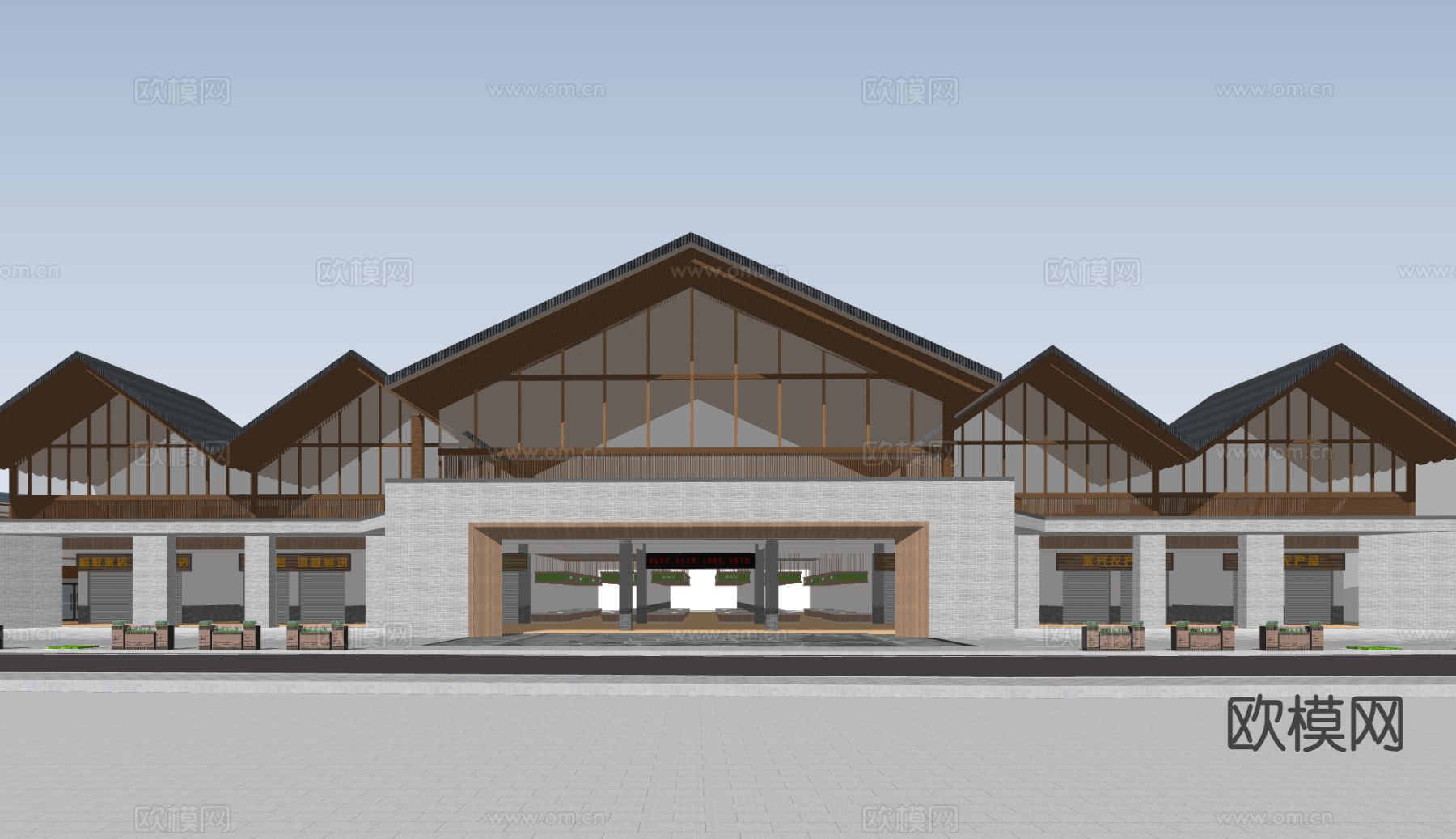 新中式党群服务中心 游客中心su模型下载（渲染图1）